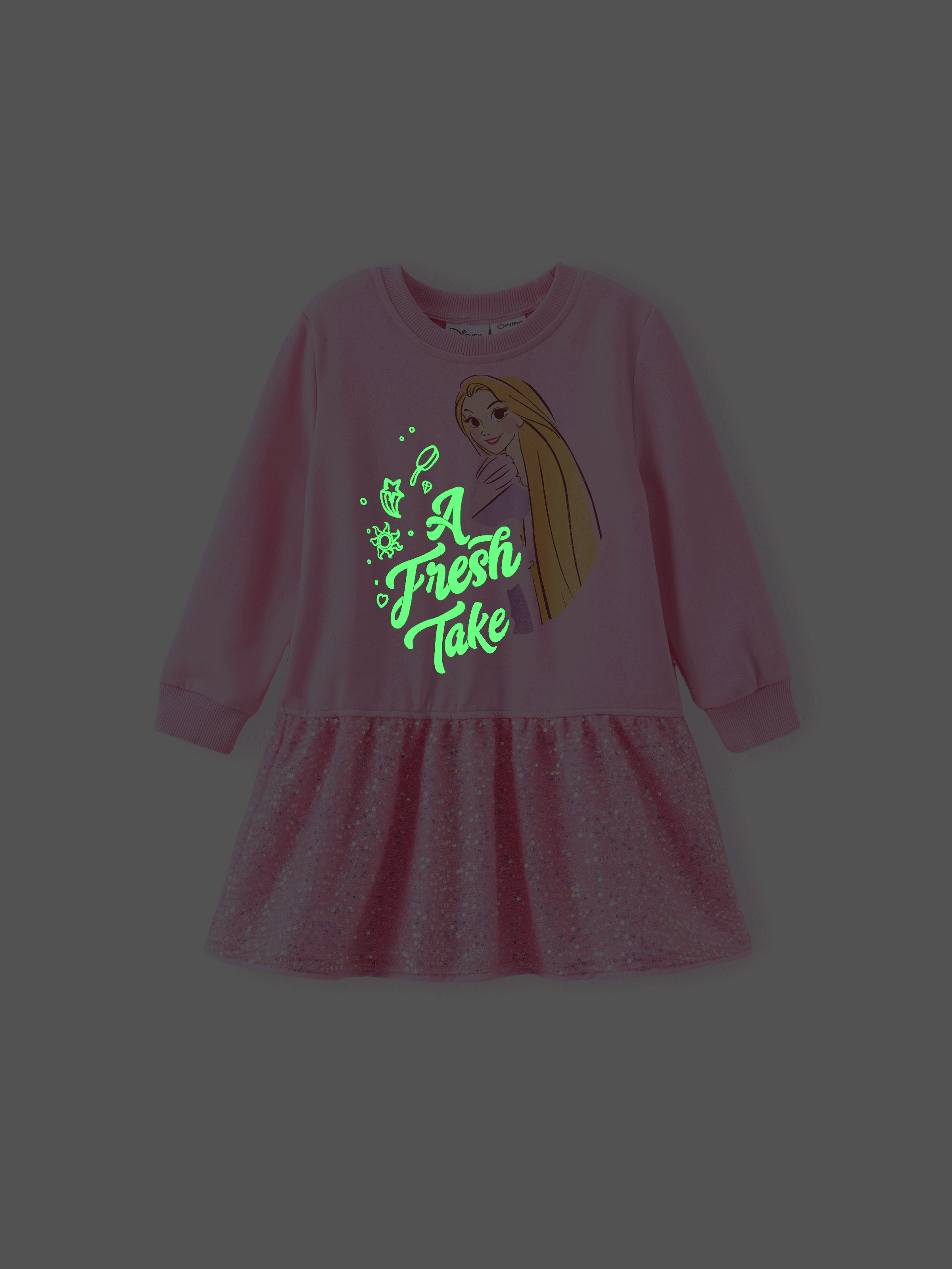 

Disney Princess Toddler Girls 1pc Character Letter Glow in the Dark Print Sequins Long-sleeve Dress