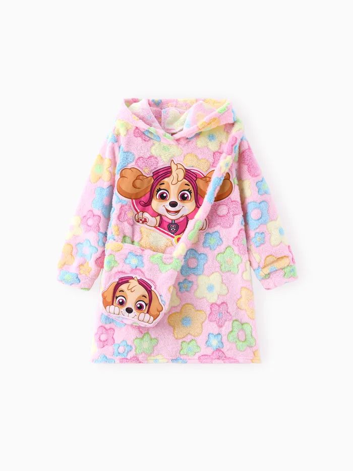 Paw Patrol Toddlers Girl 2pc Embroidered Character Flower Print Plush Hooded Dress With Cute Skye Bag Set 