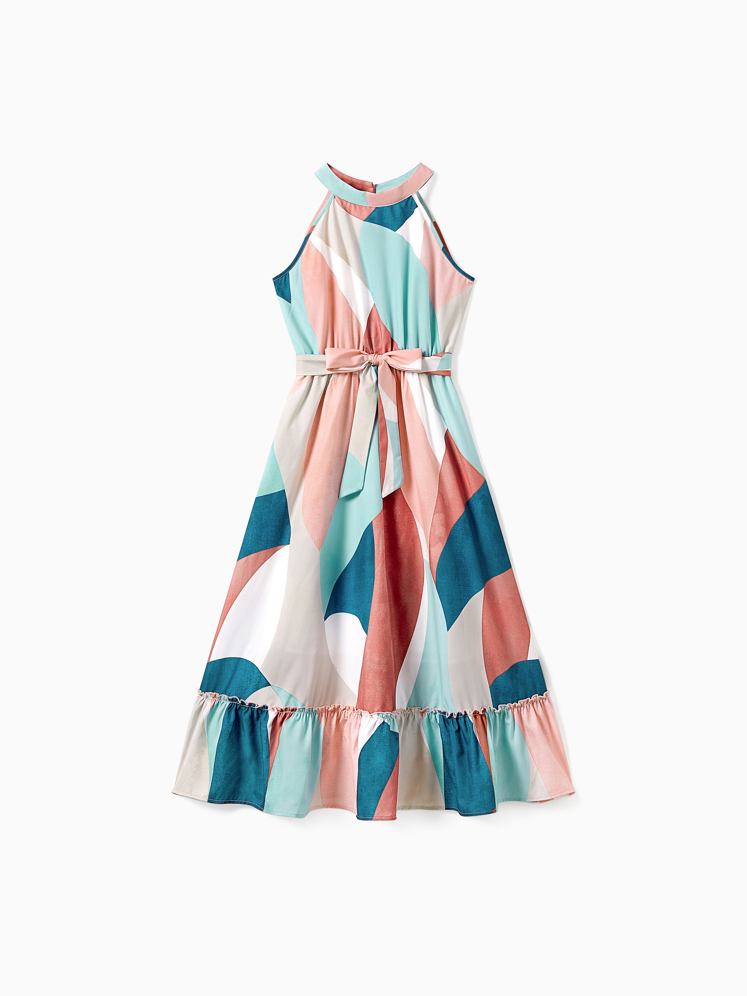 

Mommy and Me Multi-Color High Neck Halter Ruffle Hem Belted Dress