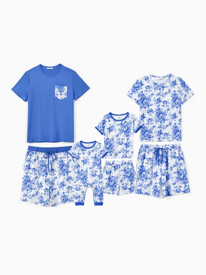Familie Passender blauer Blumen-Pyjama mit Kordelzug (schwer entflammbar)