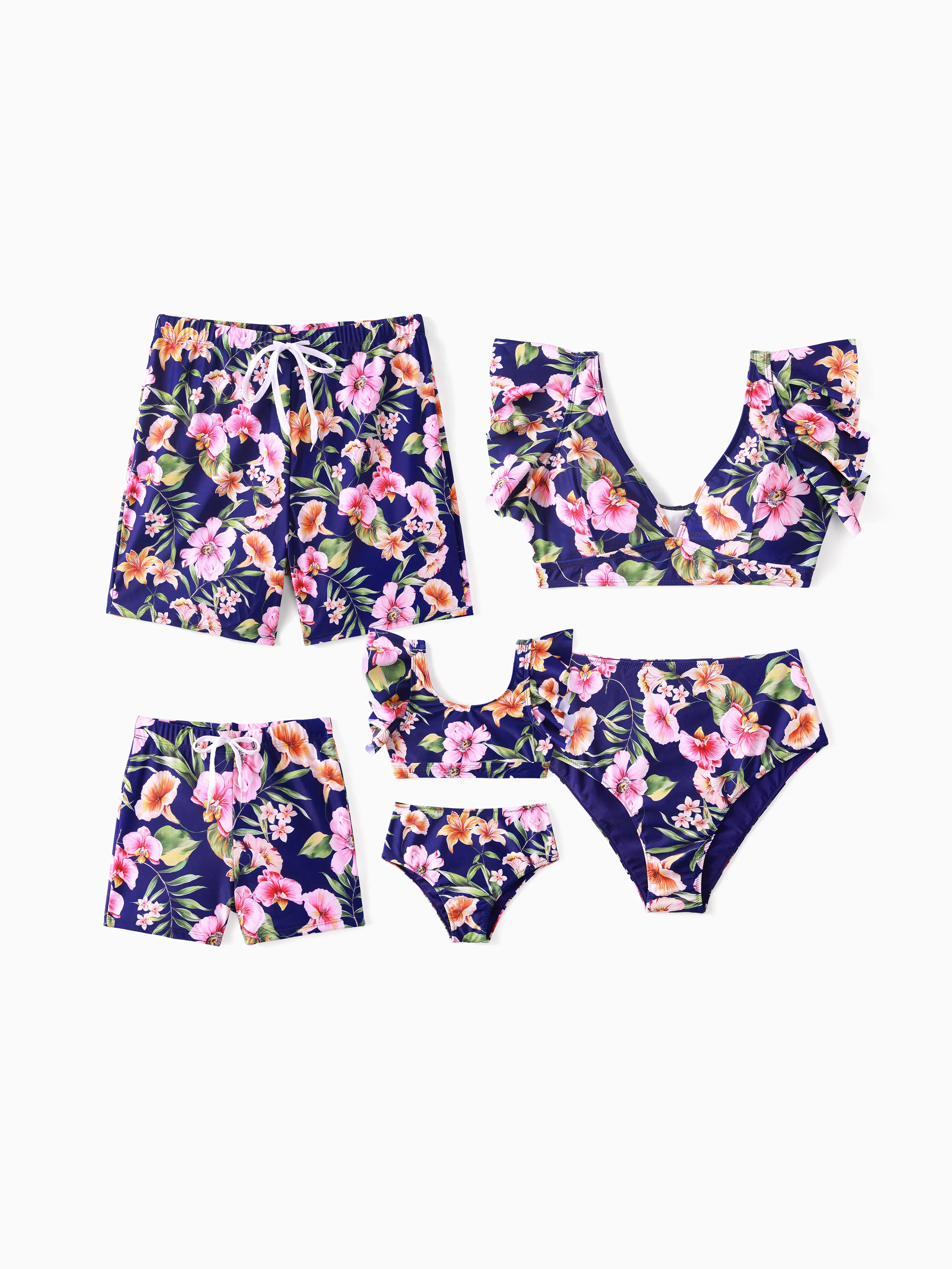 Family Floral Drawstring Swim Trunks or Reversible Flounce Sleeves Bikini