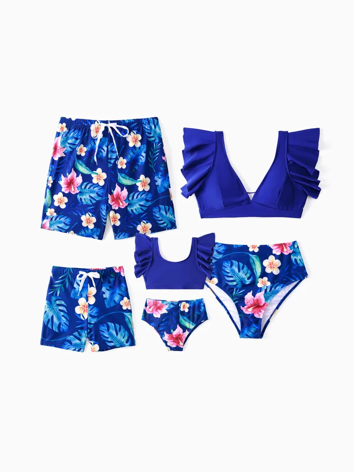 家庭配套藍色花卉抽繩泳褲或荷葉邊袖比基尼