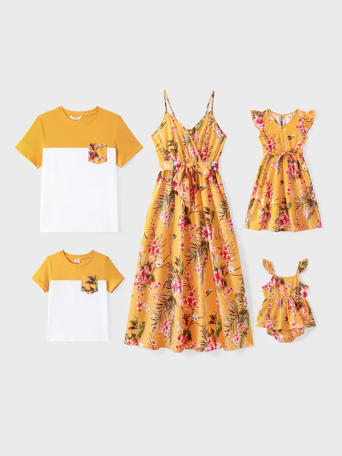 Family Matching Cotton Short-sleeve Colorblock T-shirts and Allover Floral Print Belted Strappy Dresses Sets