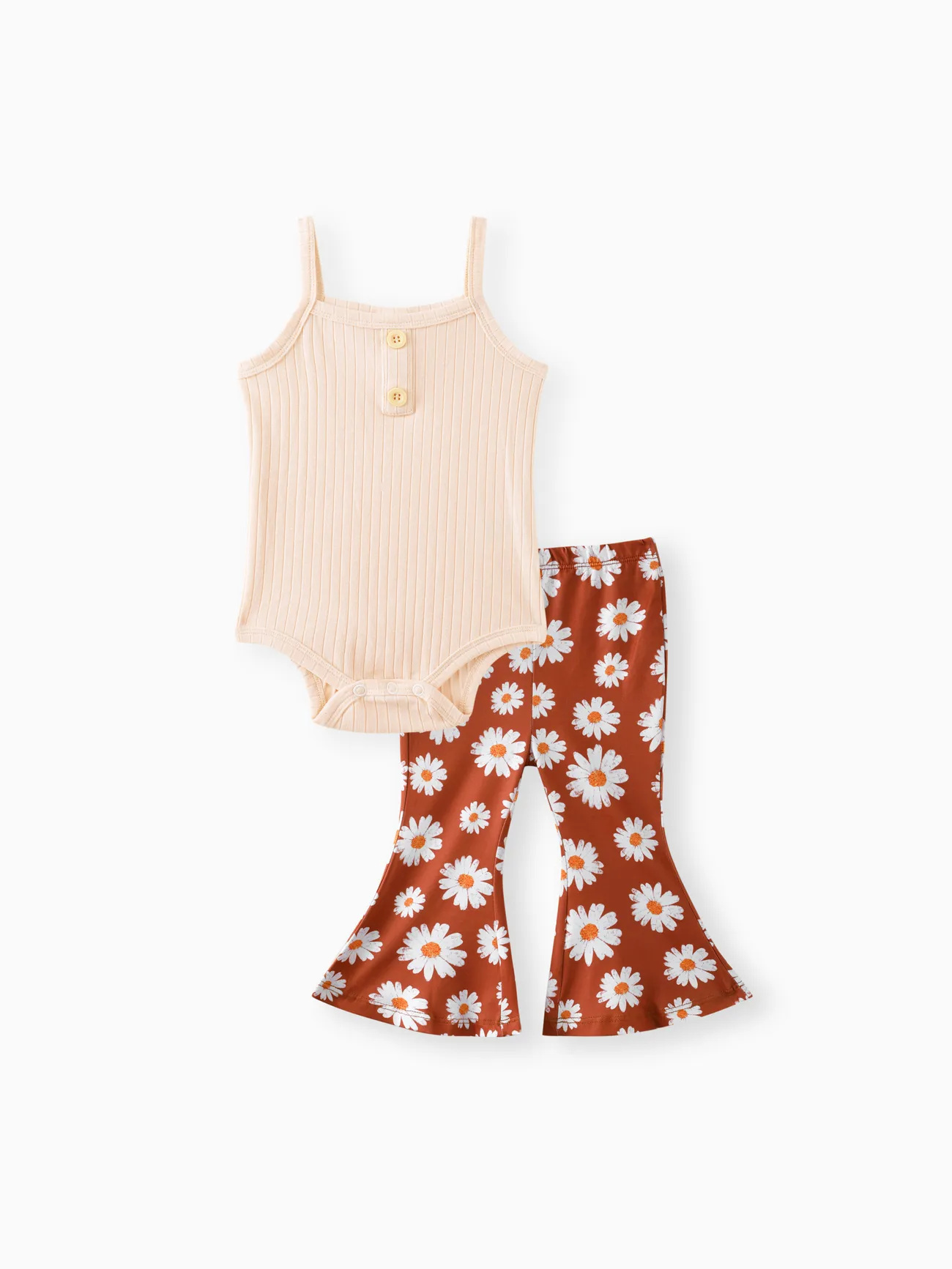 

2pcs Baby Girl Ribbed Spaghetti Strap Romper and Allover Daisy Floral Print Flared Pants Set