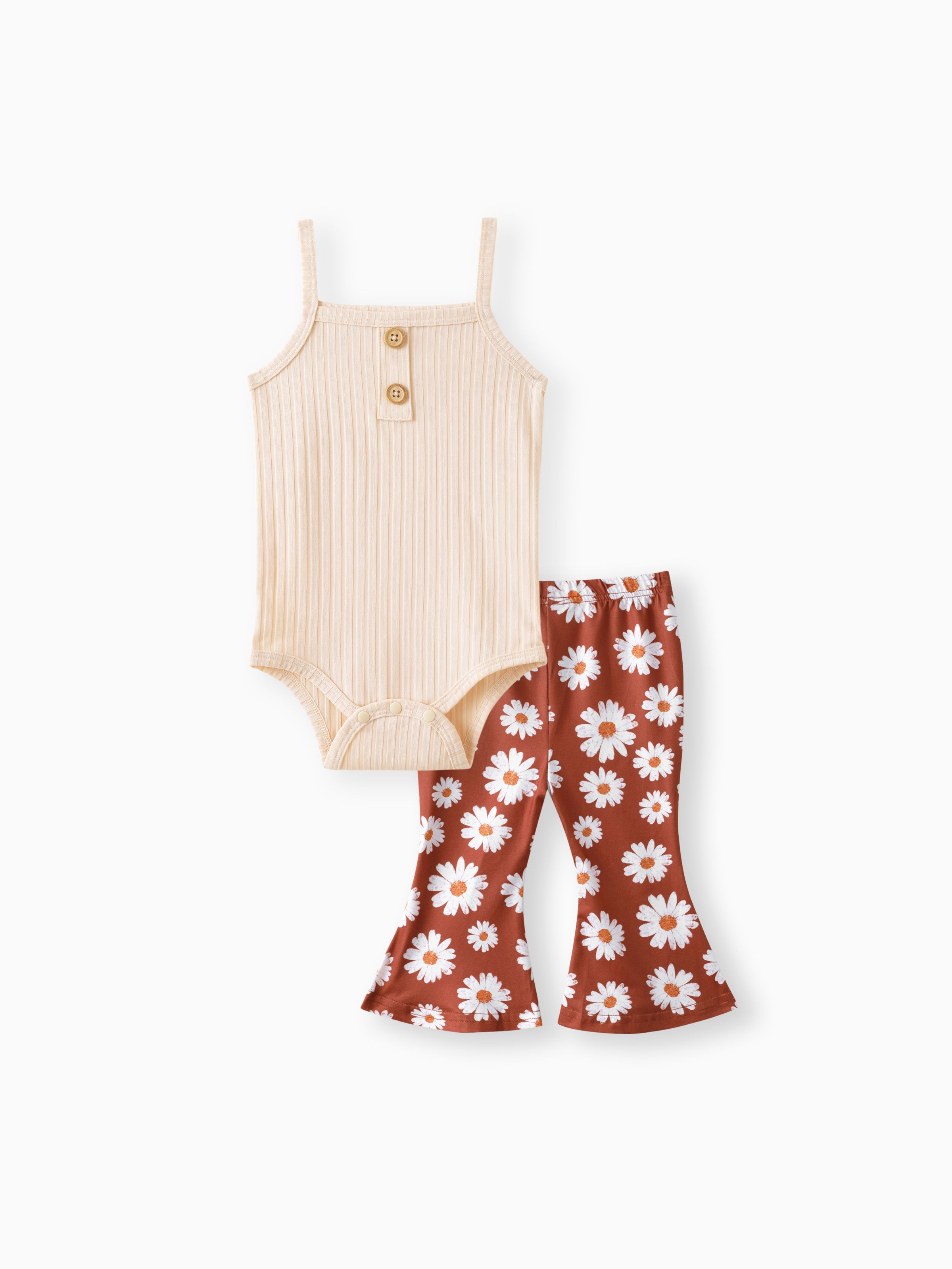 

2pcs Baby Girl Ribbed Spaghetti Strap Romper and Allover Daisy Floral Print Flared Pants Set