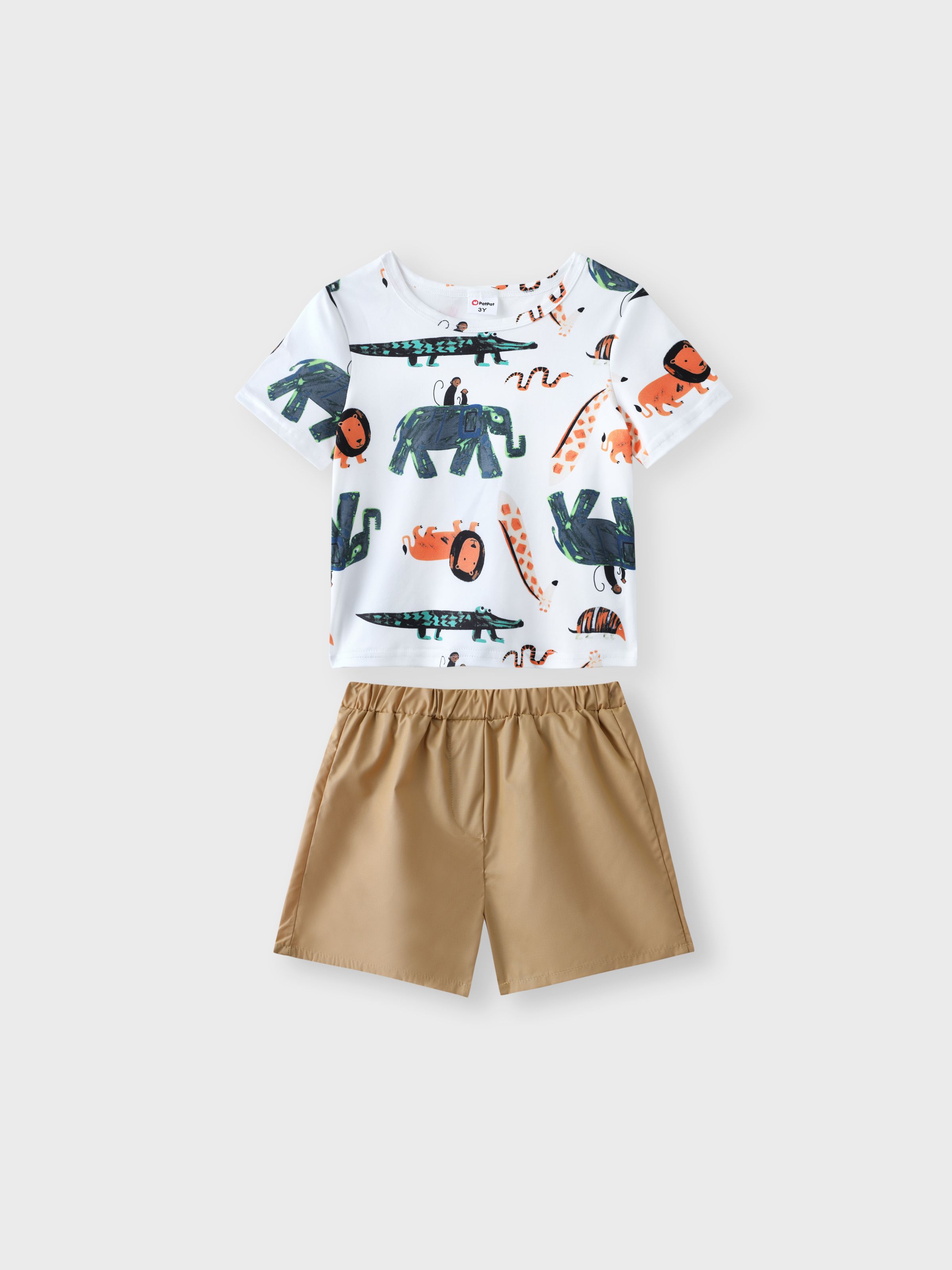 

2-piece Toddler Boy Animal Print Short-sleeve Tee and Elasticized Khaki Shorts Set