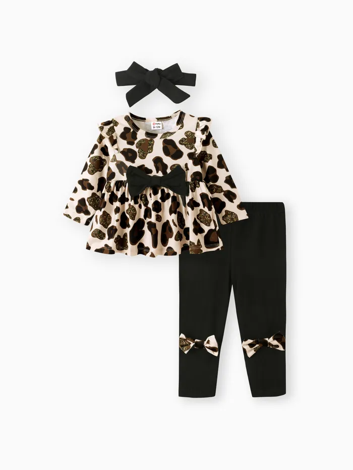 3 Stück Baby Mädchen Rüschenrand Leopardenmuster Süß Langärmelig Baby-Sets