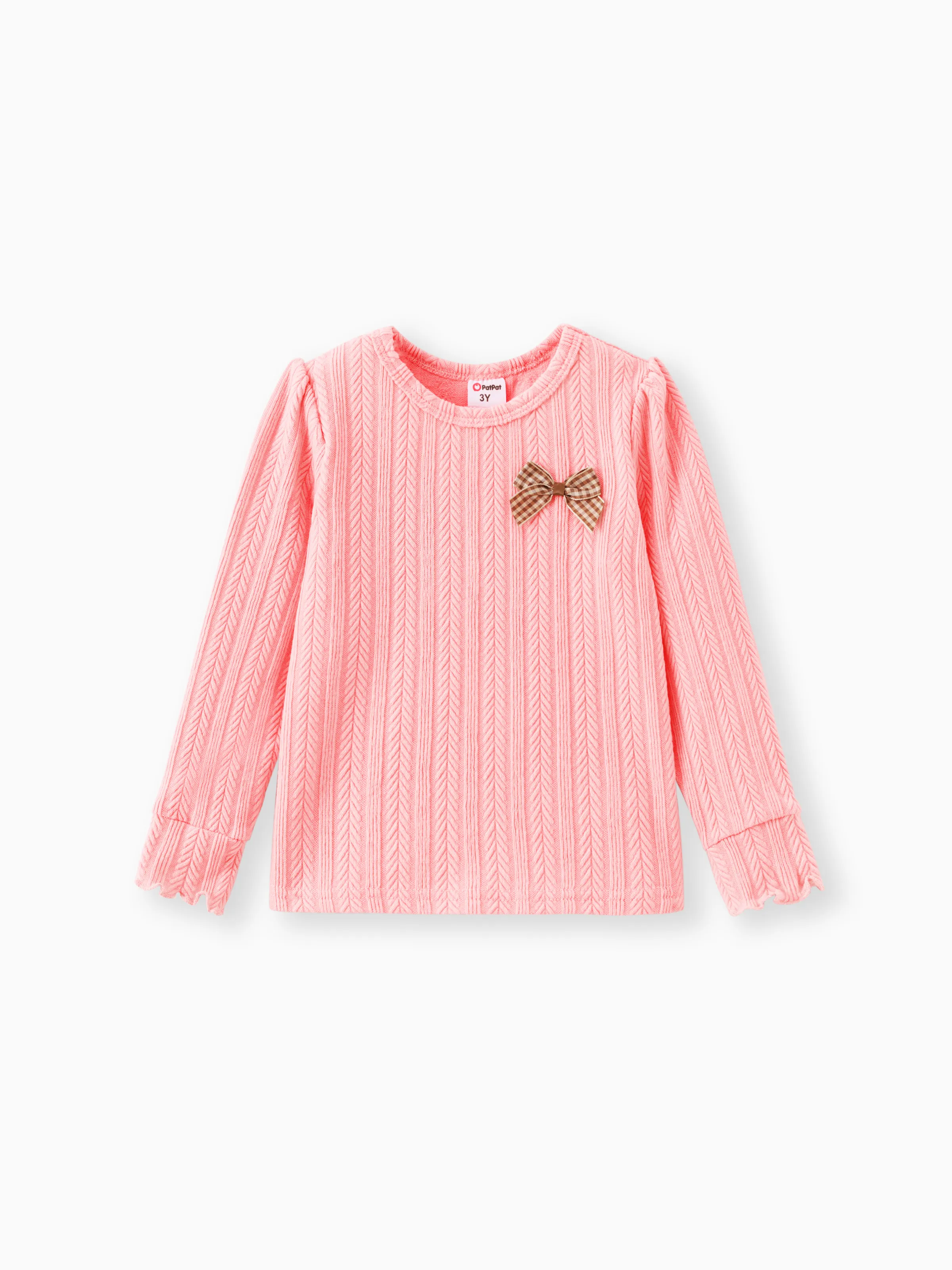 

Toddler Girl Solid Color Bowknot Design Textured Long-sleeve Tee