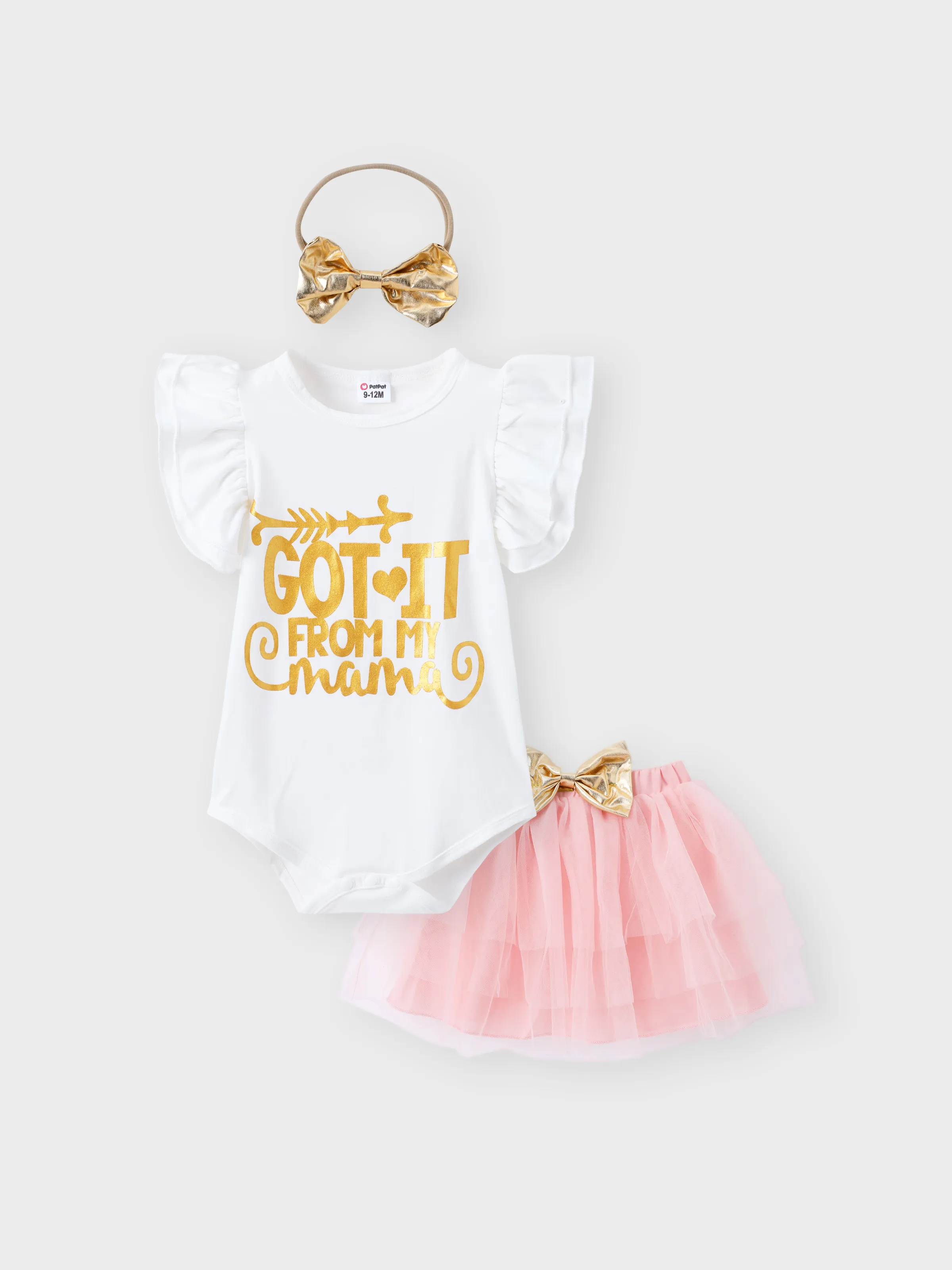 

3pcs Baby Girl 95% Cotton Letter Print Flutter-sleeve Romper and Layered Mesh Skirt & Headband Set