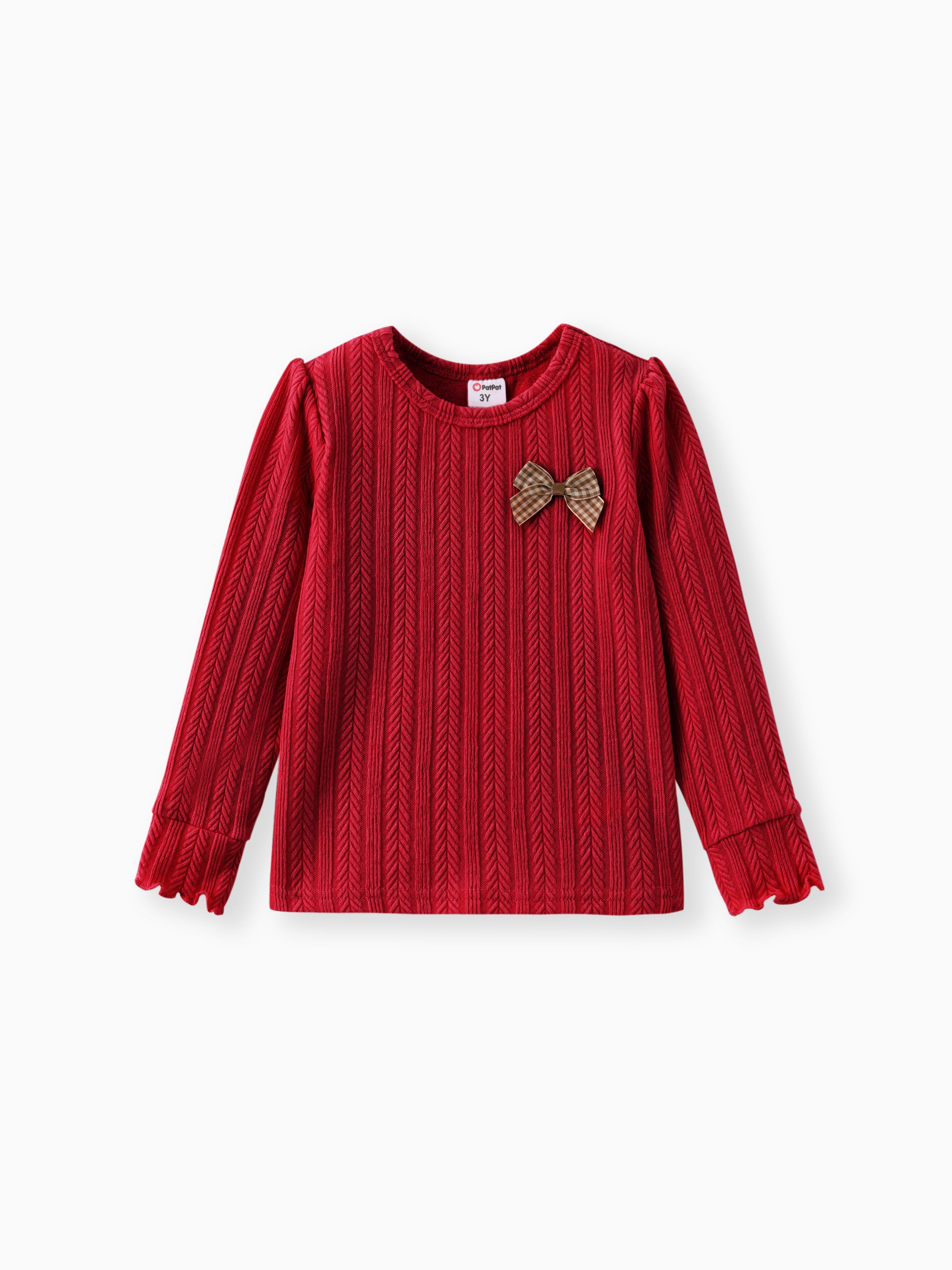 

Toddler Girl Solid Color Bowknot Design Textured Long-sleeve Tee