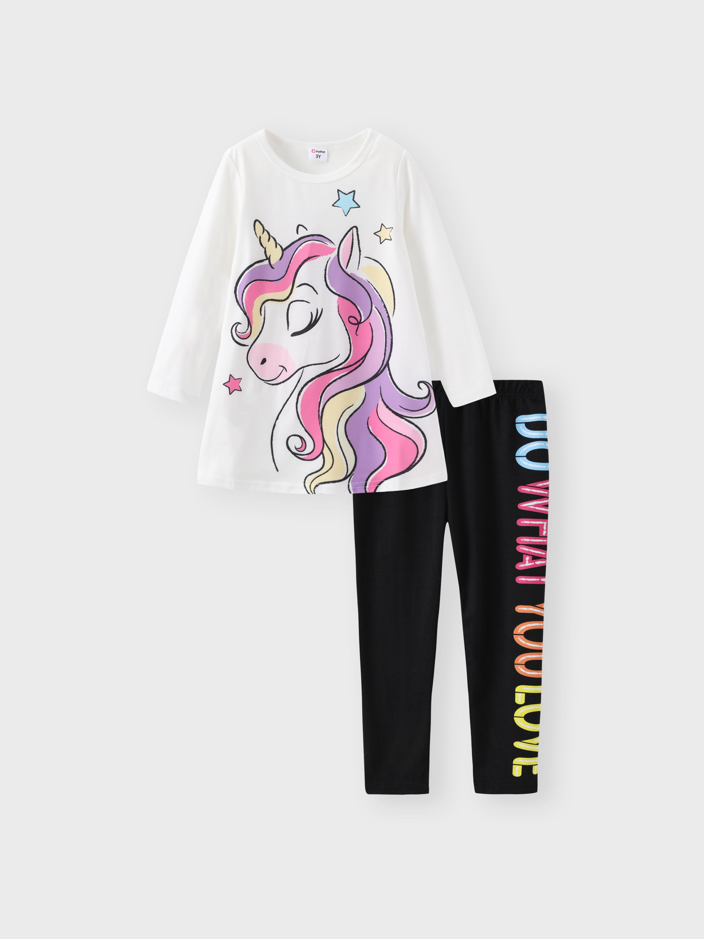 

2pcs Toddler Girl Unicorn Print Long-sleeve White Tee and Letter Print Black Leggings Set