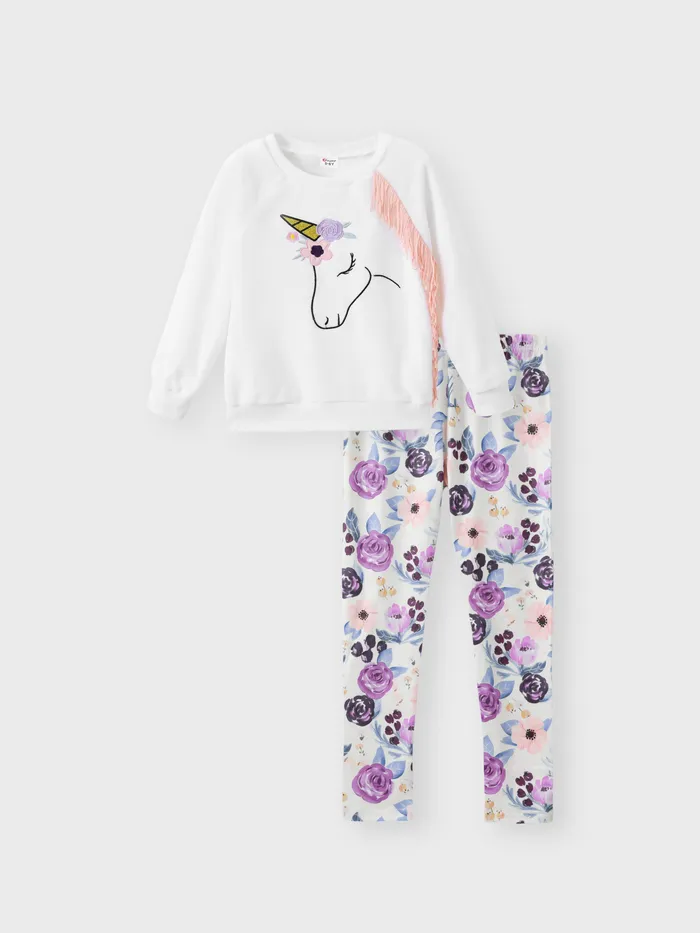 2pcs Kid Girl Animal Unicorn Print Tassel Fleece Sweatshirt and Floral Print Leggings Set