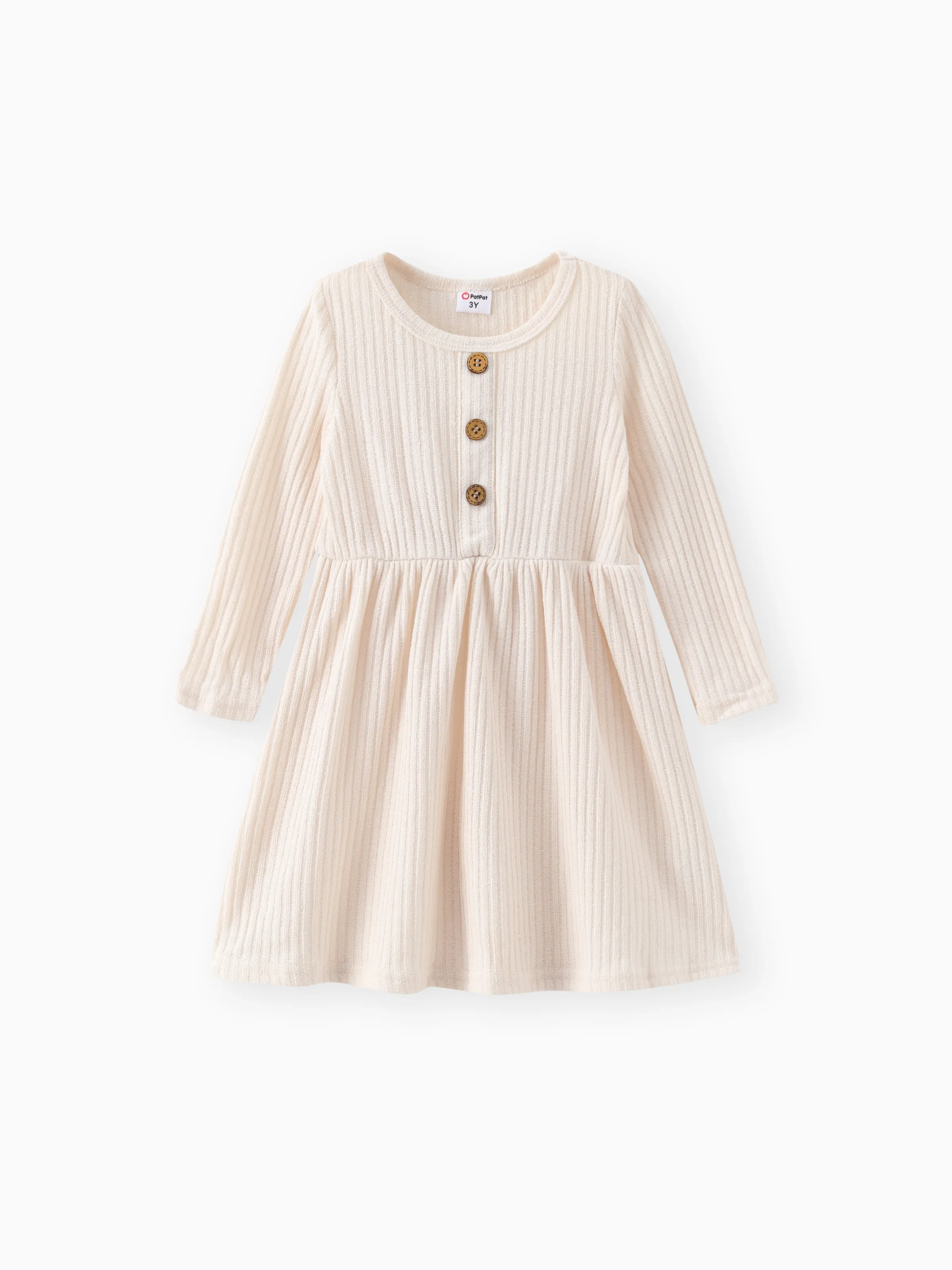 Toddler Girl Solid Color Button Design Ribbed Long-sleeve Dress