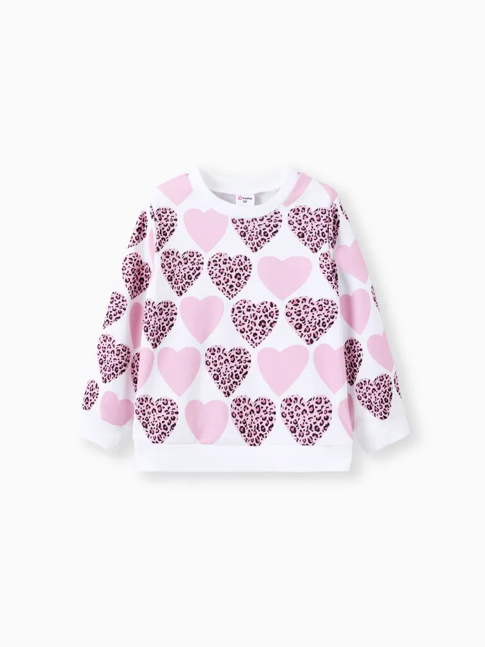 Kid Girl Allover Leopard Heart Print Long-sleeve Sweatshirt