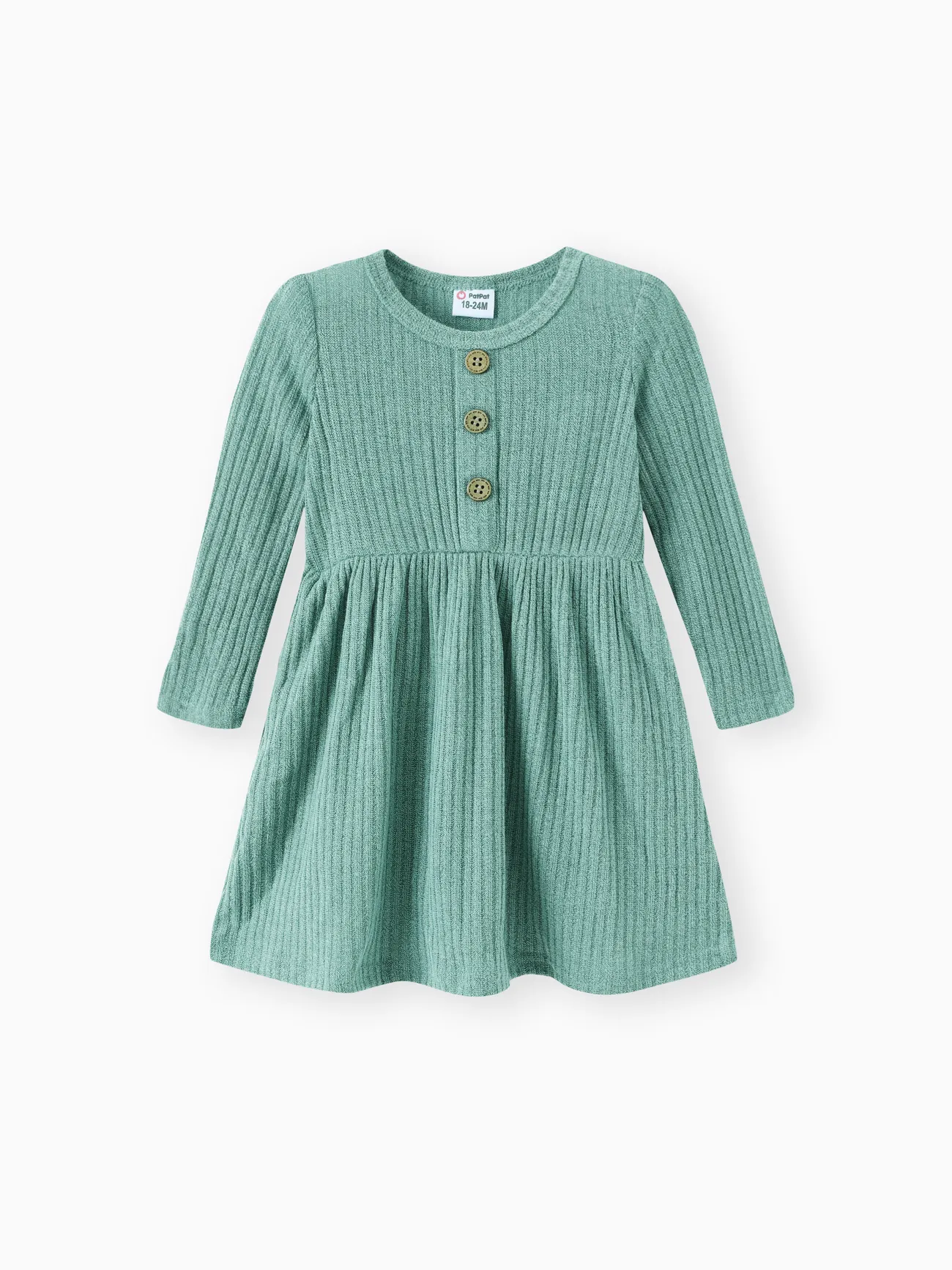 

Toddler Girl Solid Color Button Design Ribbed Long-sleeve Dress