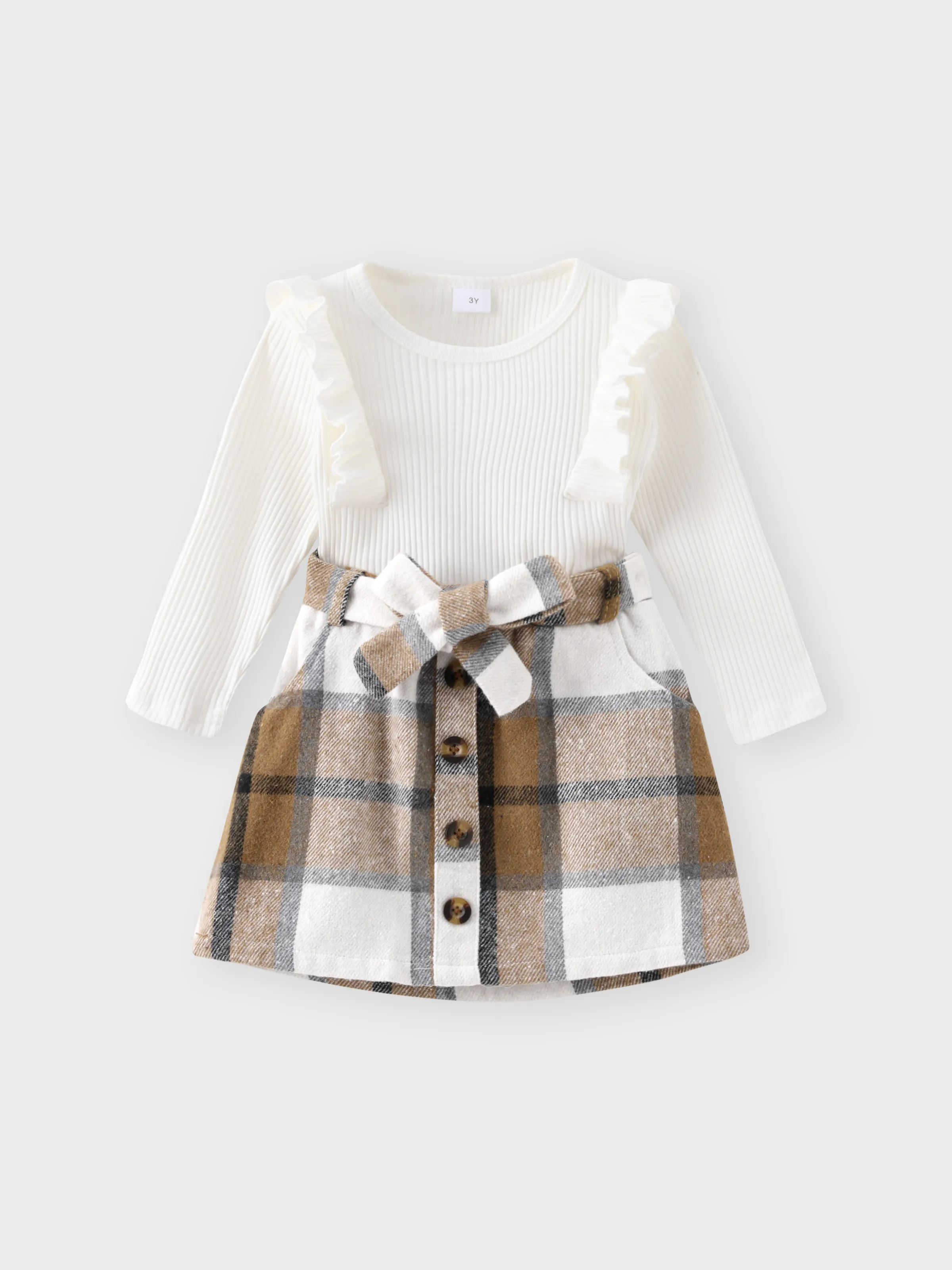 

2pcs Toddler Girl Trendy Ruffled Ribbed Long-sleeve Tee and Plaid Button Design Skirt Set