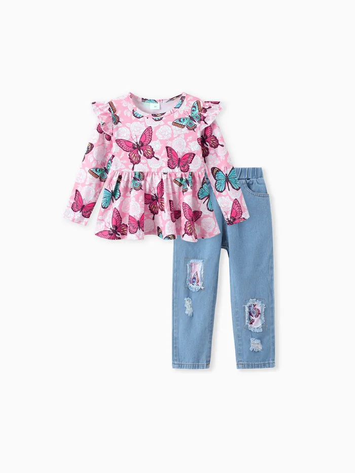 Kleinkind Mädchen Kindlicher Schmetterling Tierdruck Flatterärmel Top und Jeans Set