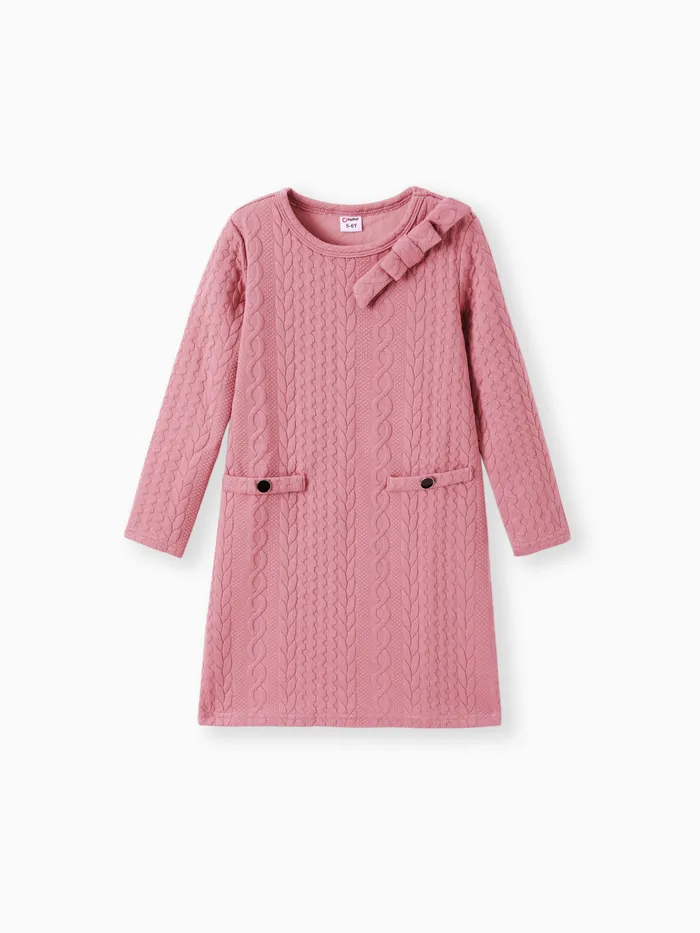 Kid Girl Cable Knit Bowknot Design Long-sleeve Pink
