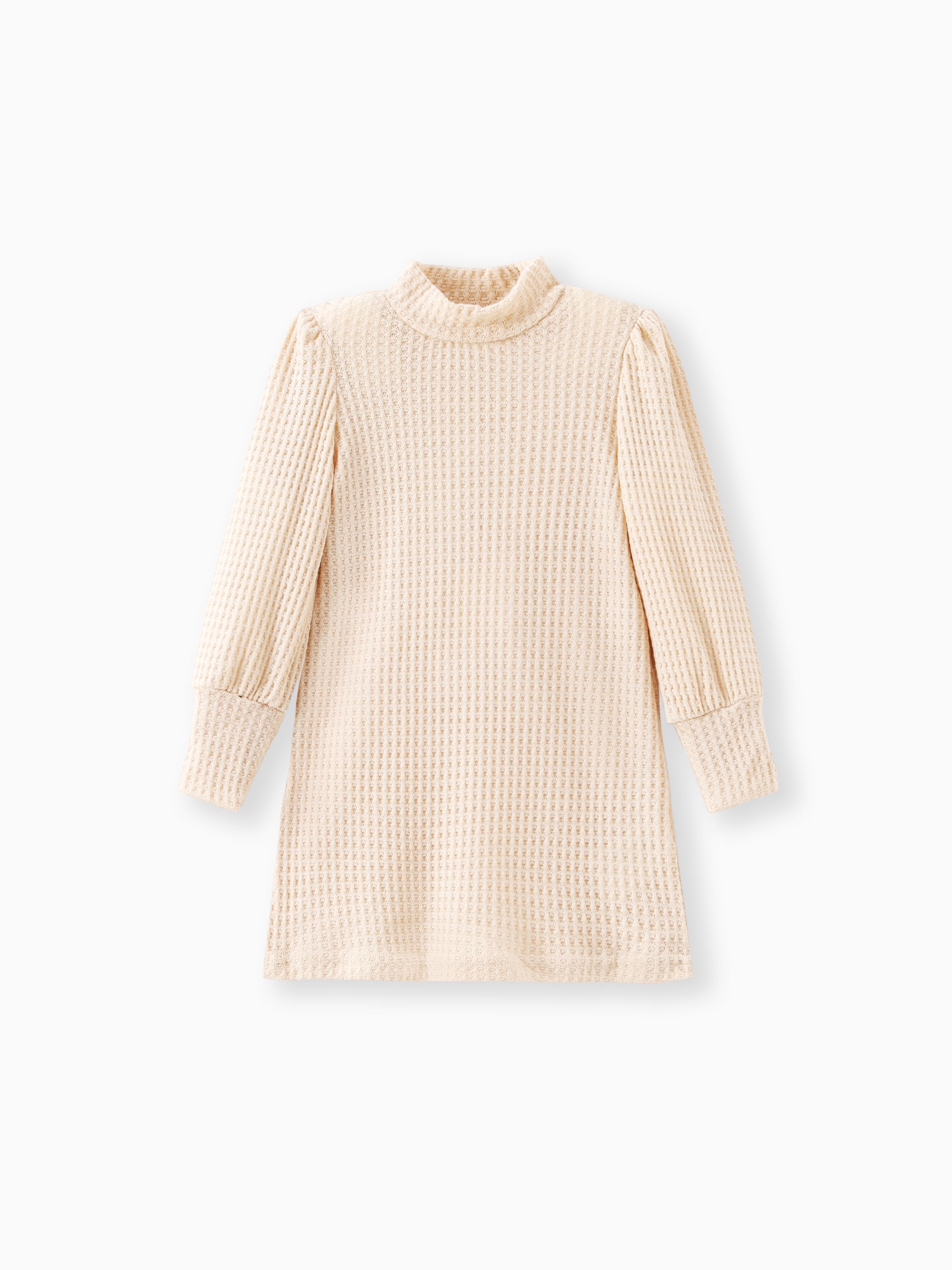 

Toddler Girl Solid Color Mock Neck Waffle Long Puff-sleeve Dress