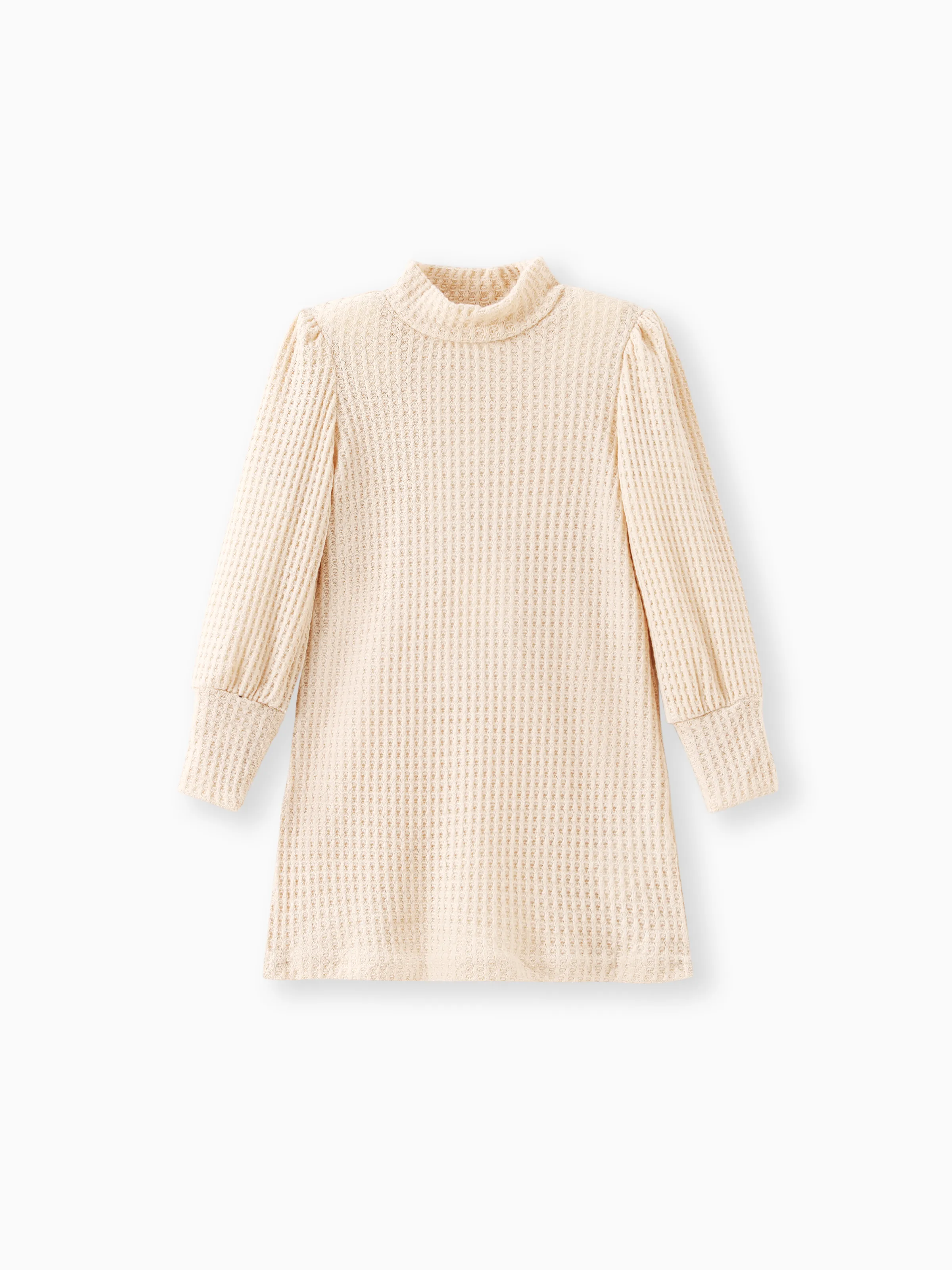 Toddler Girl Solid Color Mock Neck Waffle Long Puff-sleeve Dress