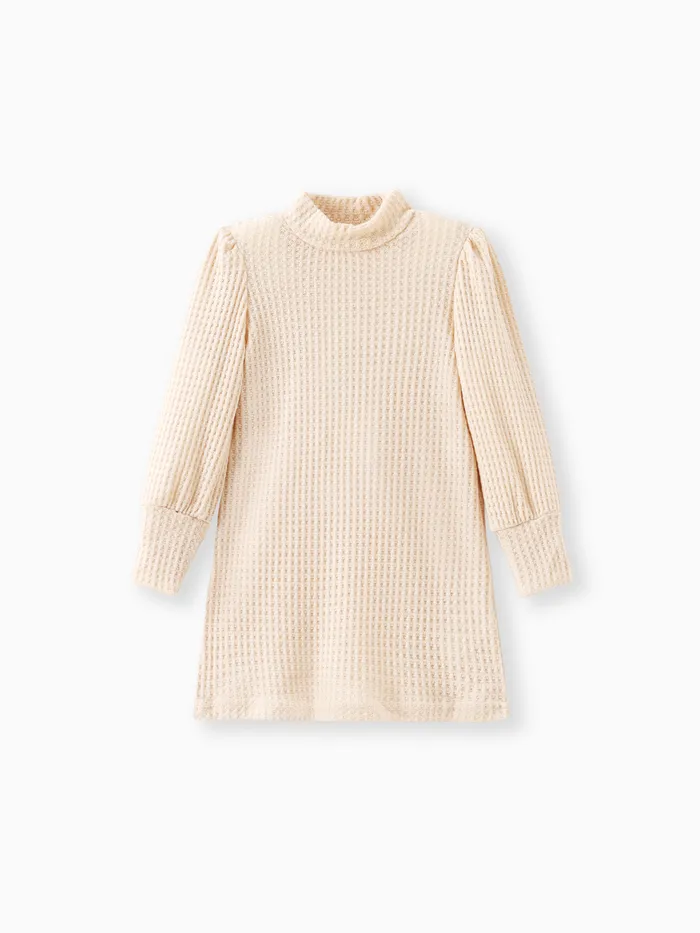 Toddler Girl Solid Color Mock Neck Waffle Long Puff-sleeve Dress