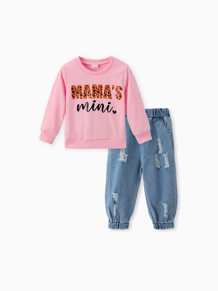 2PCS Baby Girl Casual Distressed Feature Letter Pattern Long Sleeve Sets 