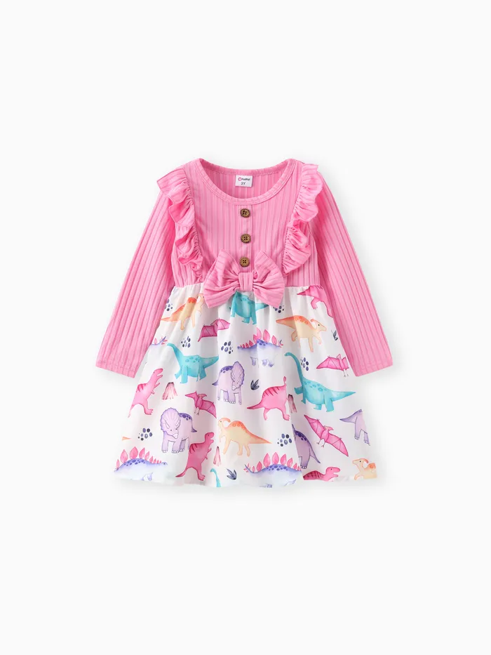 Toddler Girl Dinosaur Print Splice Ruffled Bowknot Design Long-sleeve Dress