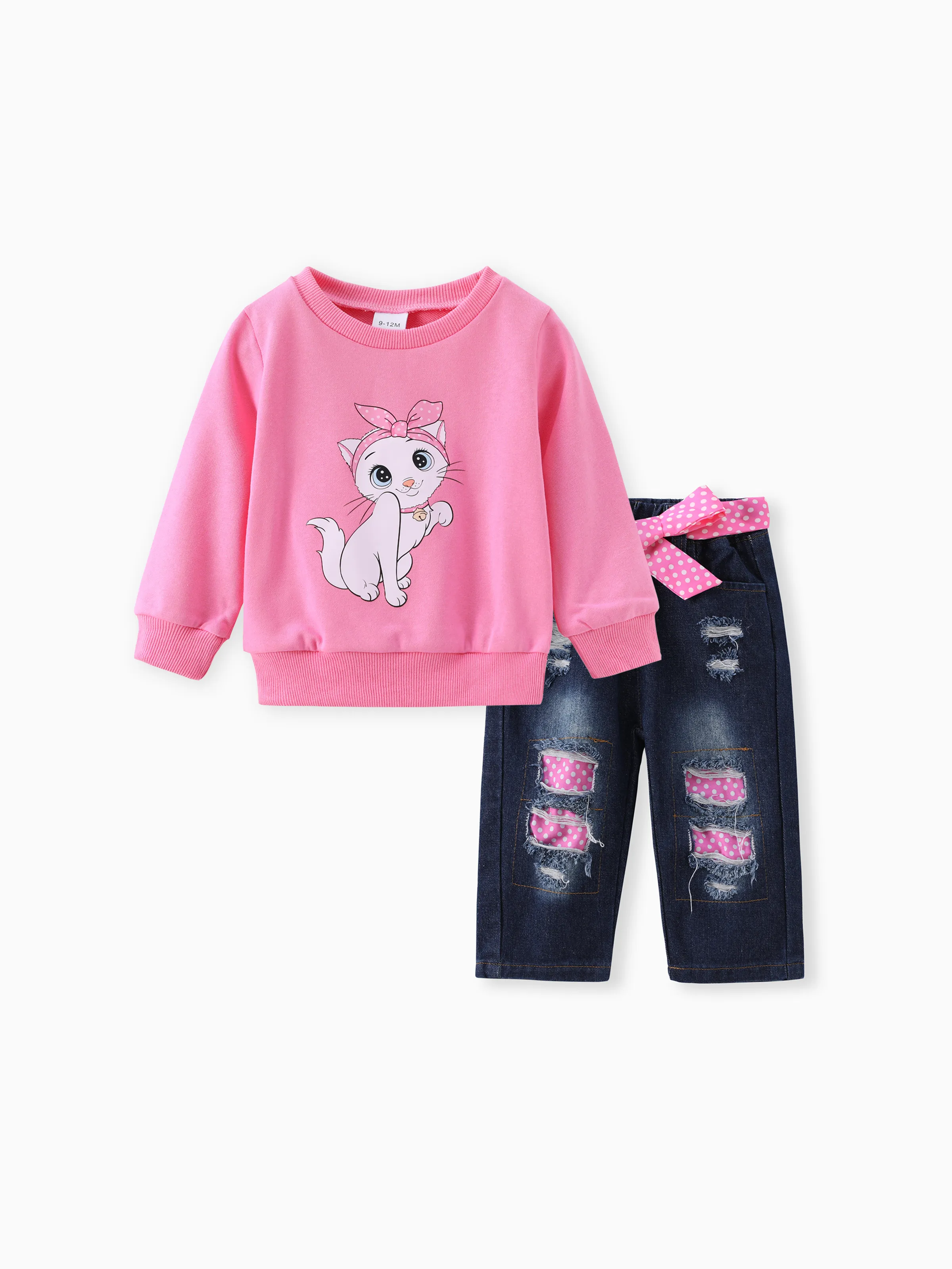 

3PCS Baby Girl Childlike Cat Pattern Distressed Patchwork Denim Jean sets