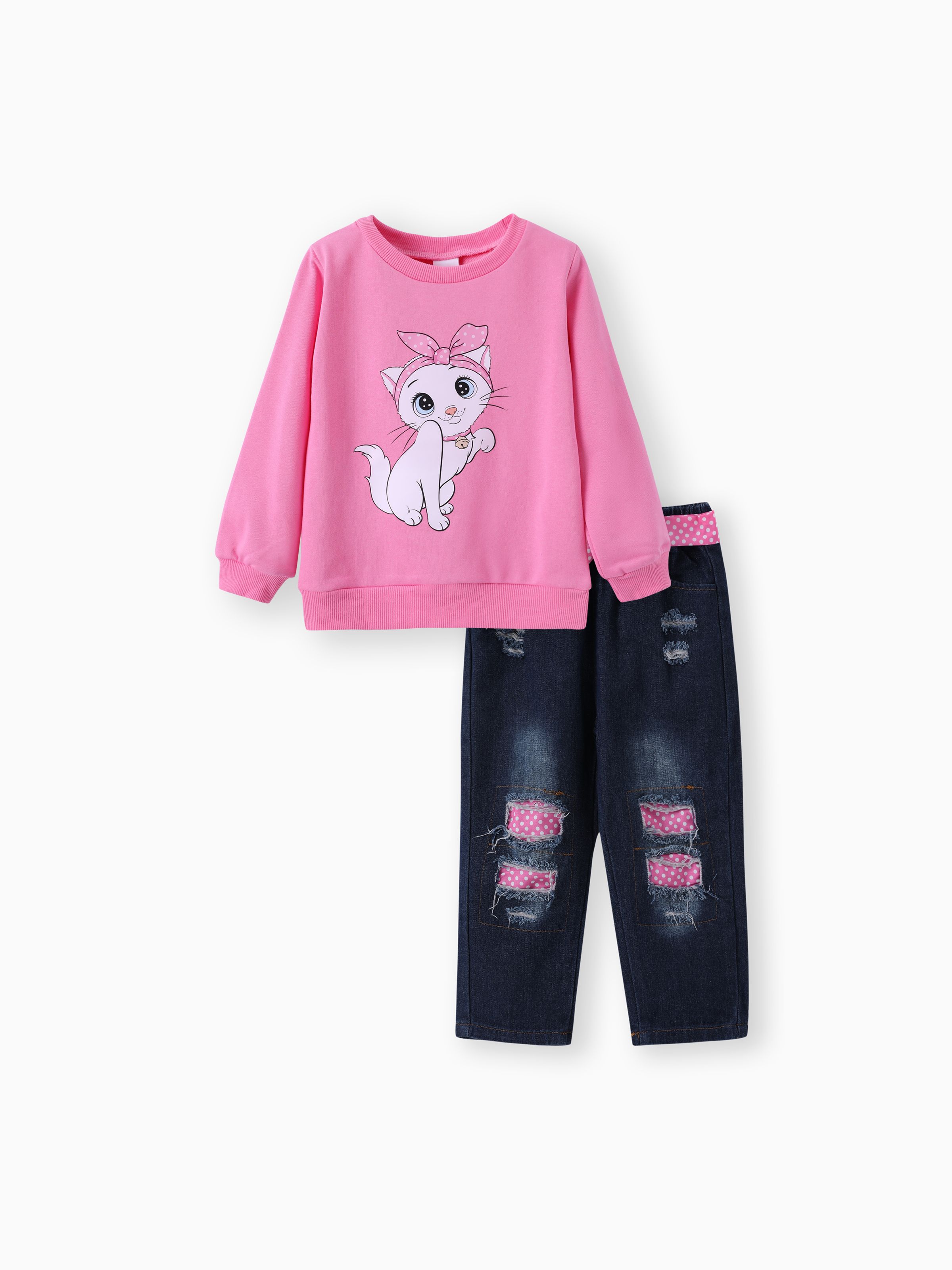 

3PCS Toddler Girl Childlike Cat Pattern Distressed Patchwork Denim Jean set