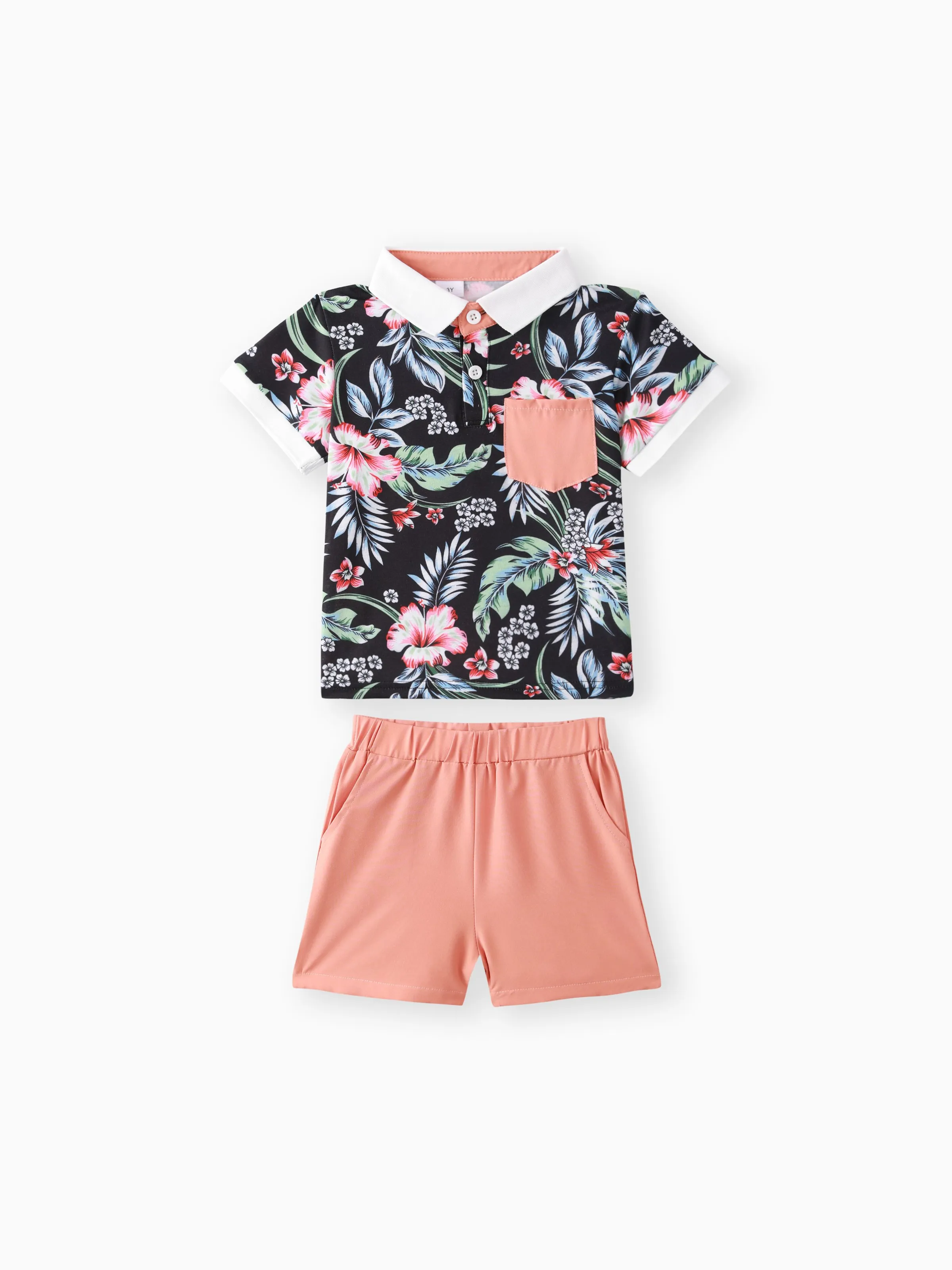 

2pcs Toddler Boy Boho Floral Print Polo Tee and Shorts Set