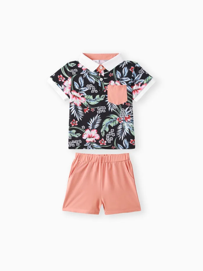 2pcs Toddler Boy Boho Floral Print Polo Tee and Shorts Set