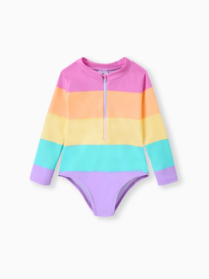 Rainbow Striped One-Piece Swimsuit with Heart-Shaped Zipper for Girls