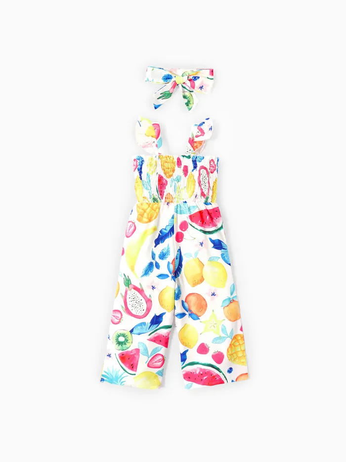 Toddler Girl Fruit Pattern Flutter-sleeve Smocked Jumpsuit with Headband