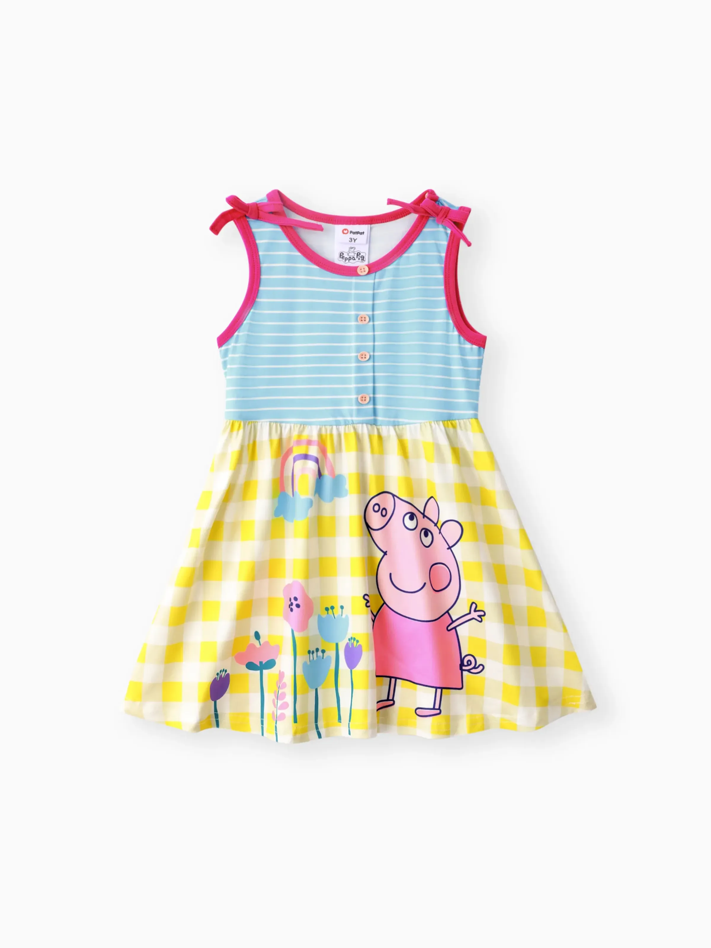 

Peppa Pig Toddler Girls 1pc Floral Rainbow Character Striped with Checker Print Bowknot Sleeveless Dress