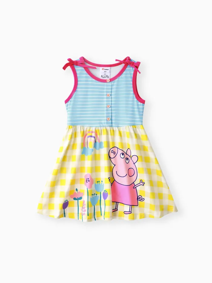 Peppa Pig Toddler Girls 1pc Floral Rainbow Character Striped with Checker Print Bowknot Sleeveless Dress