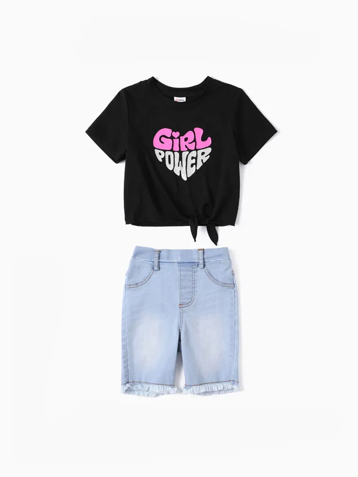 Kleinkind Mädchen 2pcs Cooling Denim Brief Print T-Shirt und Shorts Set