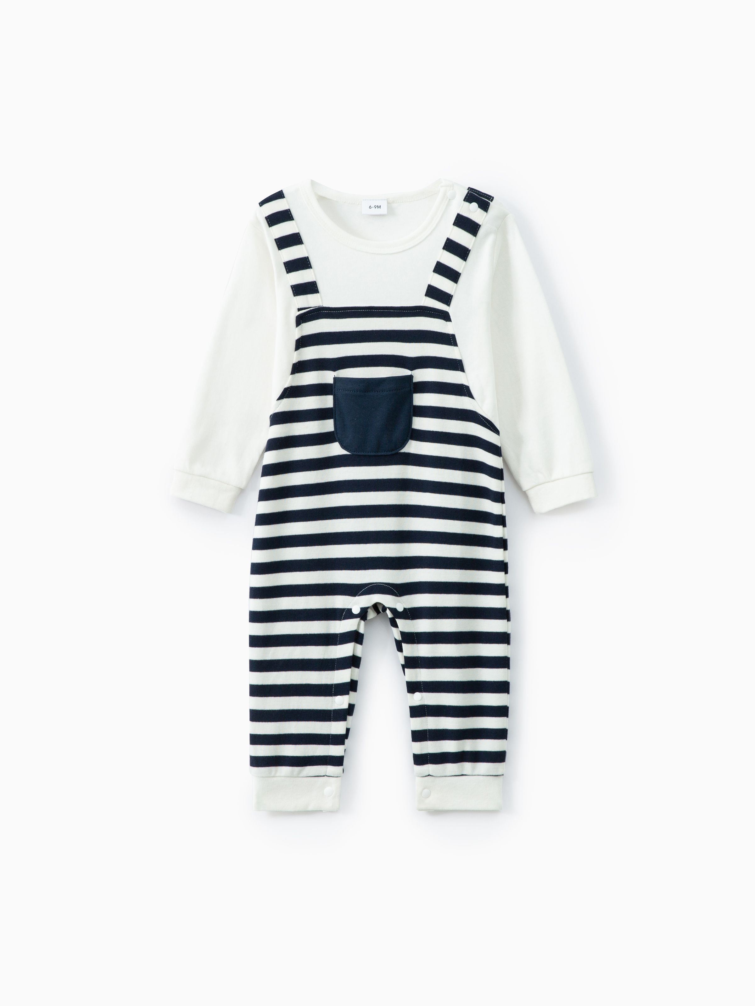 

100% Cotton Stripe Print Long-sleeve Baby Navy White Jumpsuit