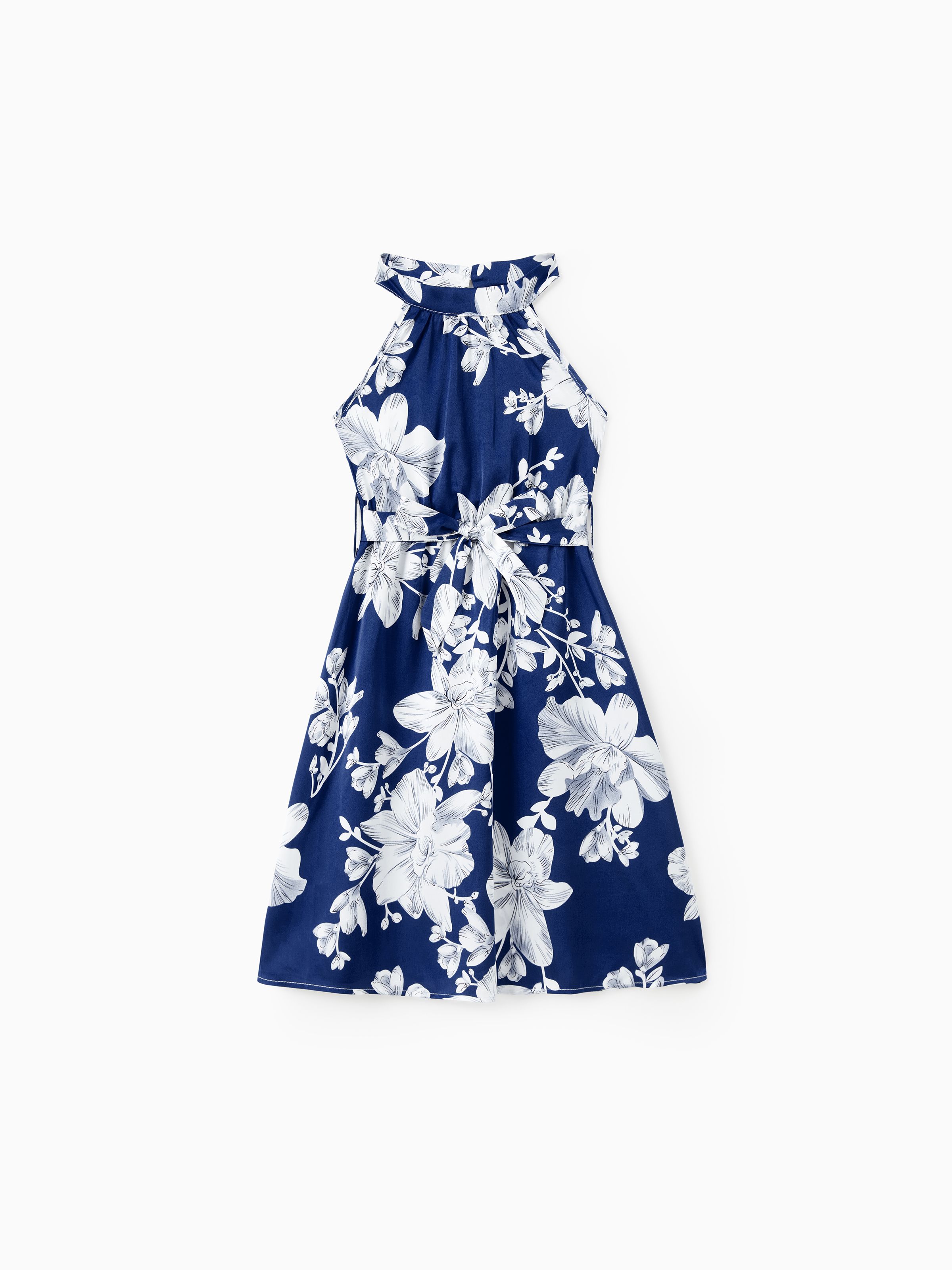 

Family Matching Sets Blue Satin Floral Shirt or High Neck Halter Belted Sleeveless A-Line Silky Midi Dress