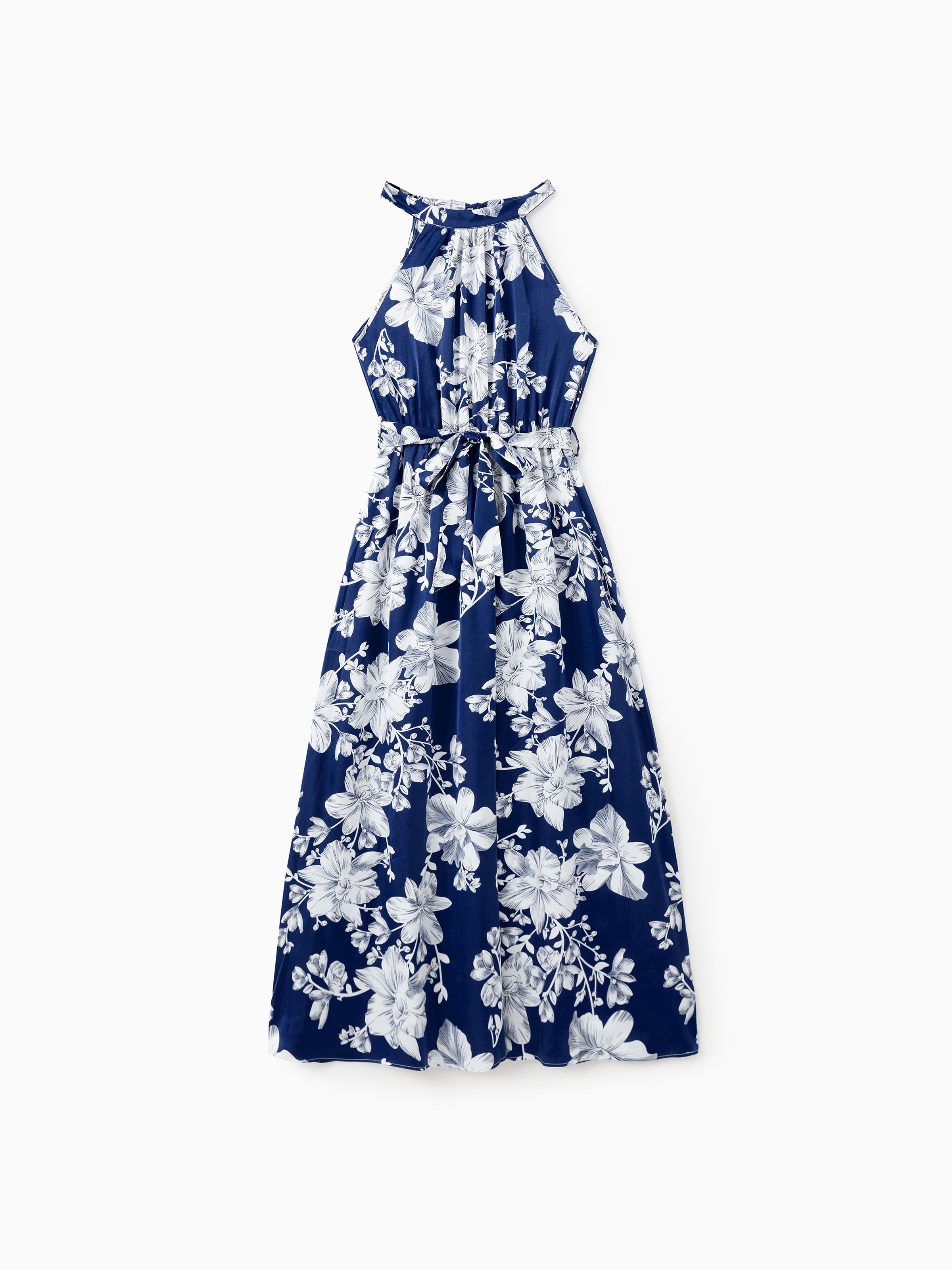 

Family Matching Sets Blue Satin Floral Shirt or High Neck Halter Belted Sleeveless A-Line Silky Midi Dress