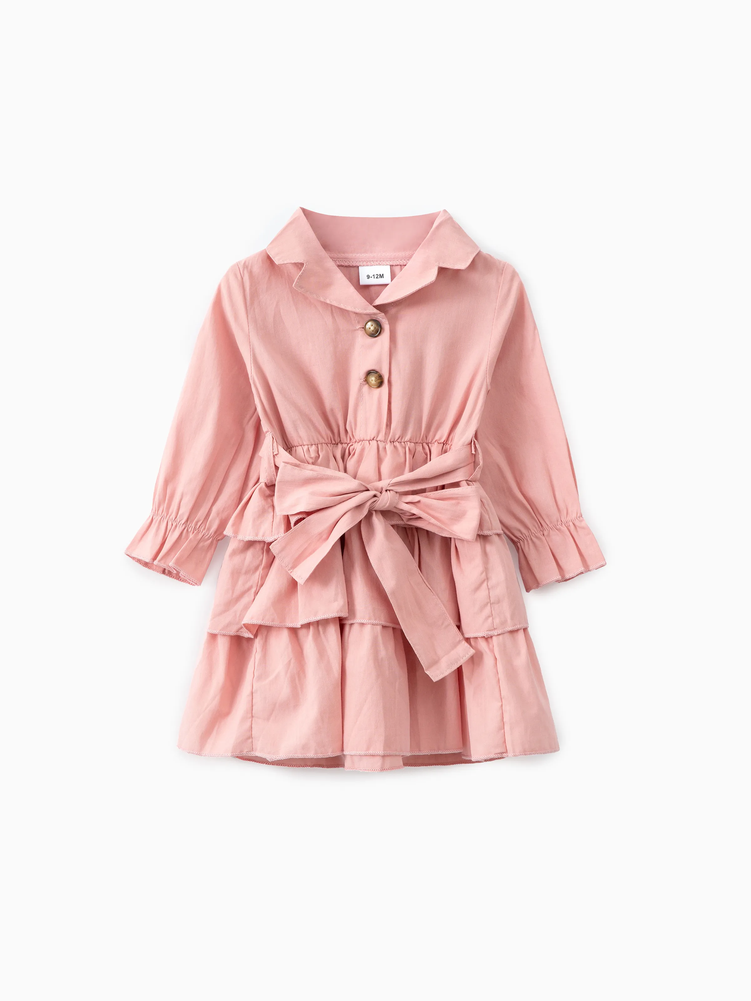 

100% Cotton Baby Girl Green Lapel Single Breasted Long-sleeve Layered Ruffle Dress