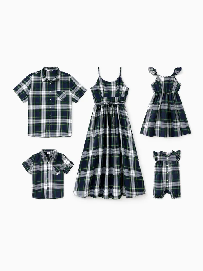 Family Matching Sets Black Plaid Shirt or Sleeveless A-Line Strap Dress 