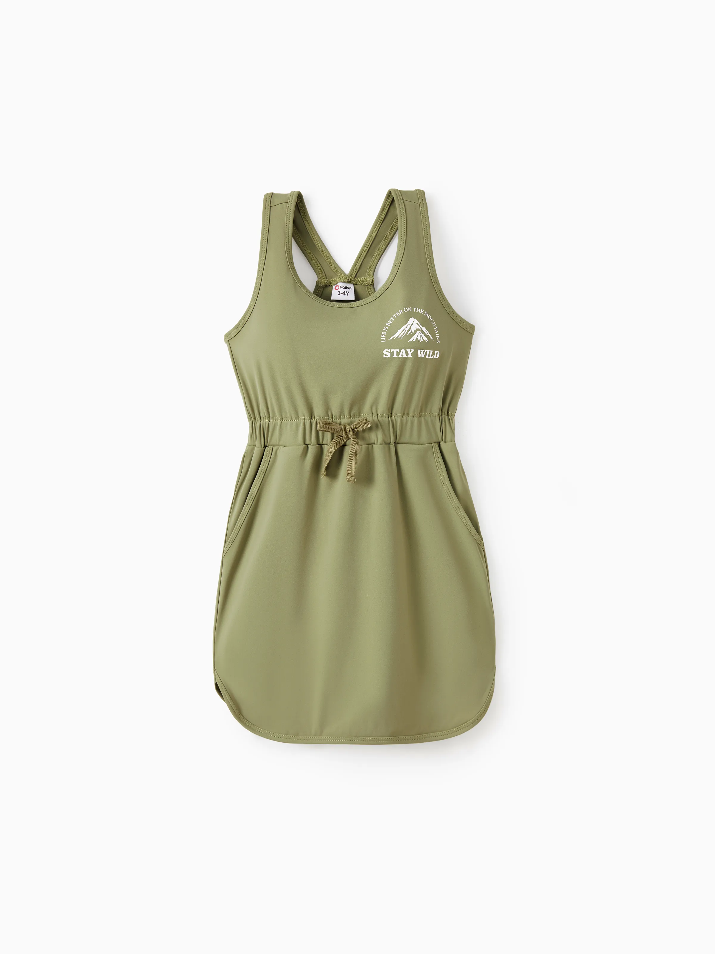 

Quick-Dry Mommy and Me Olive Green Sleeveless Stay Wild Mountain Graphic Drawstring Dress