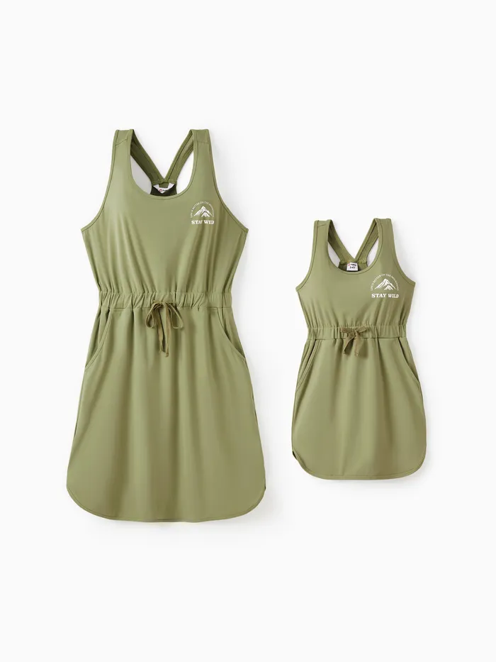 Quick-Dry Mommy and Me Olive Green Sleeveless Stay Wild Mountain Graphic Drawstring Dress 