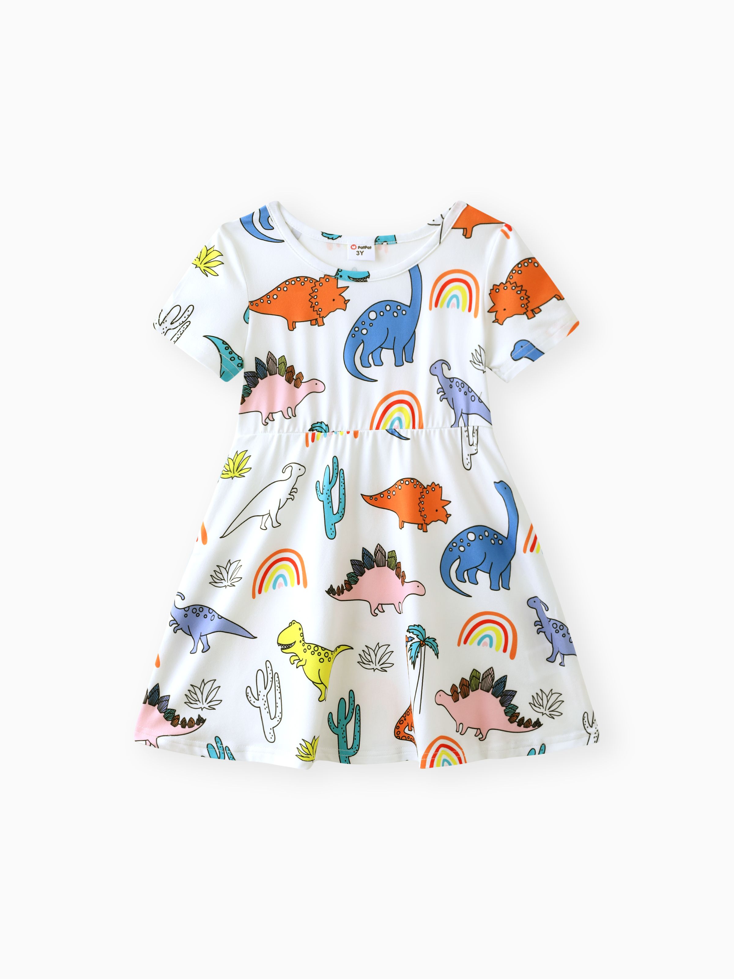 

Toddler Girl Dinosaur Rainbow Cactus Print Short-sleeve Dress