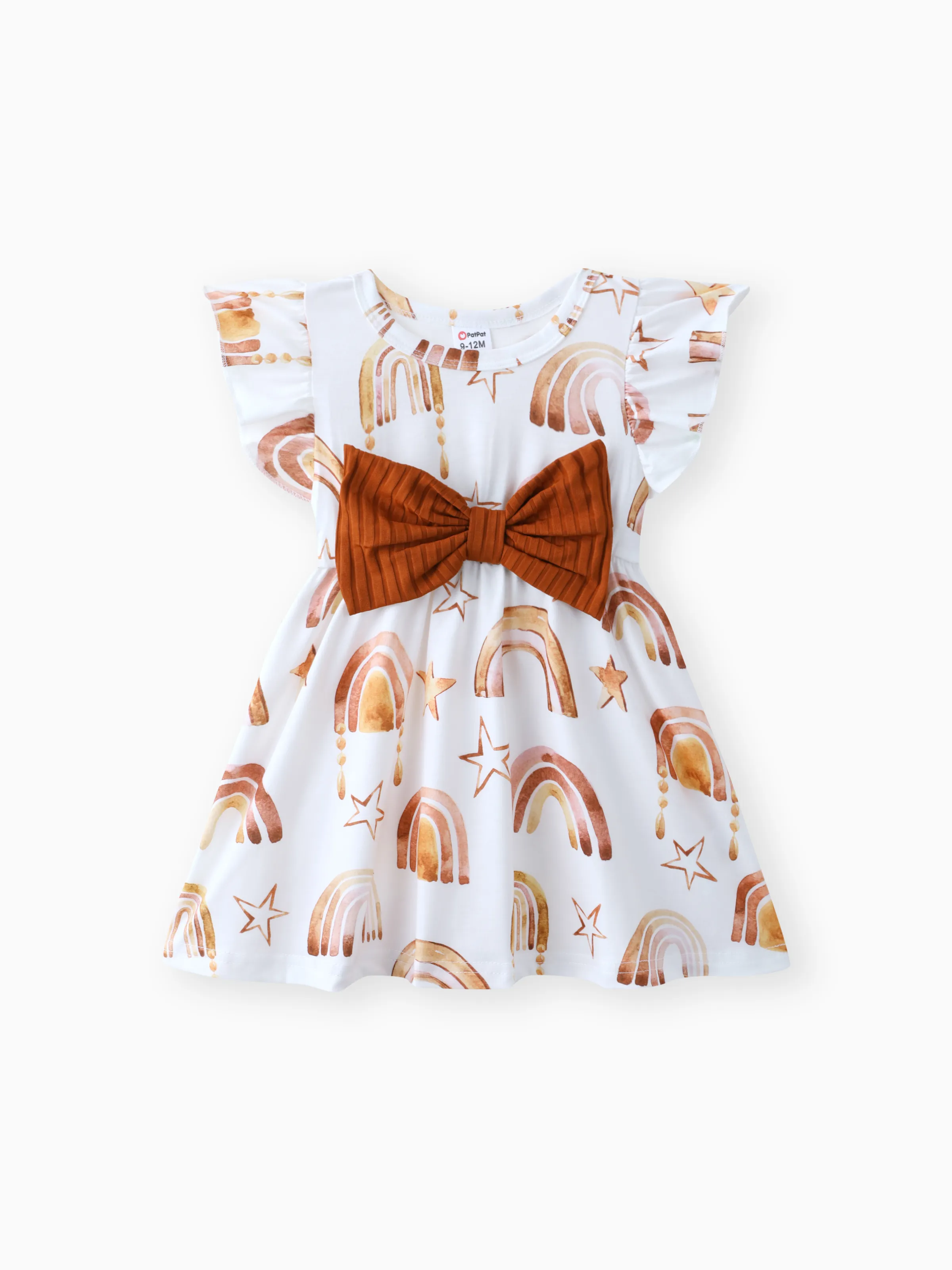 

Baby Girl Rainbow&Star Print Ruffled Flutter-Sleeve Dress