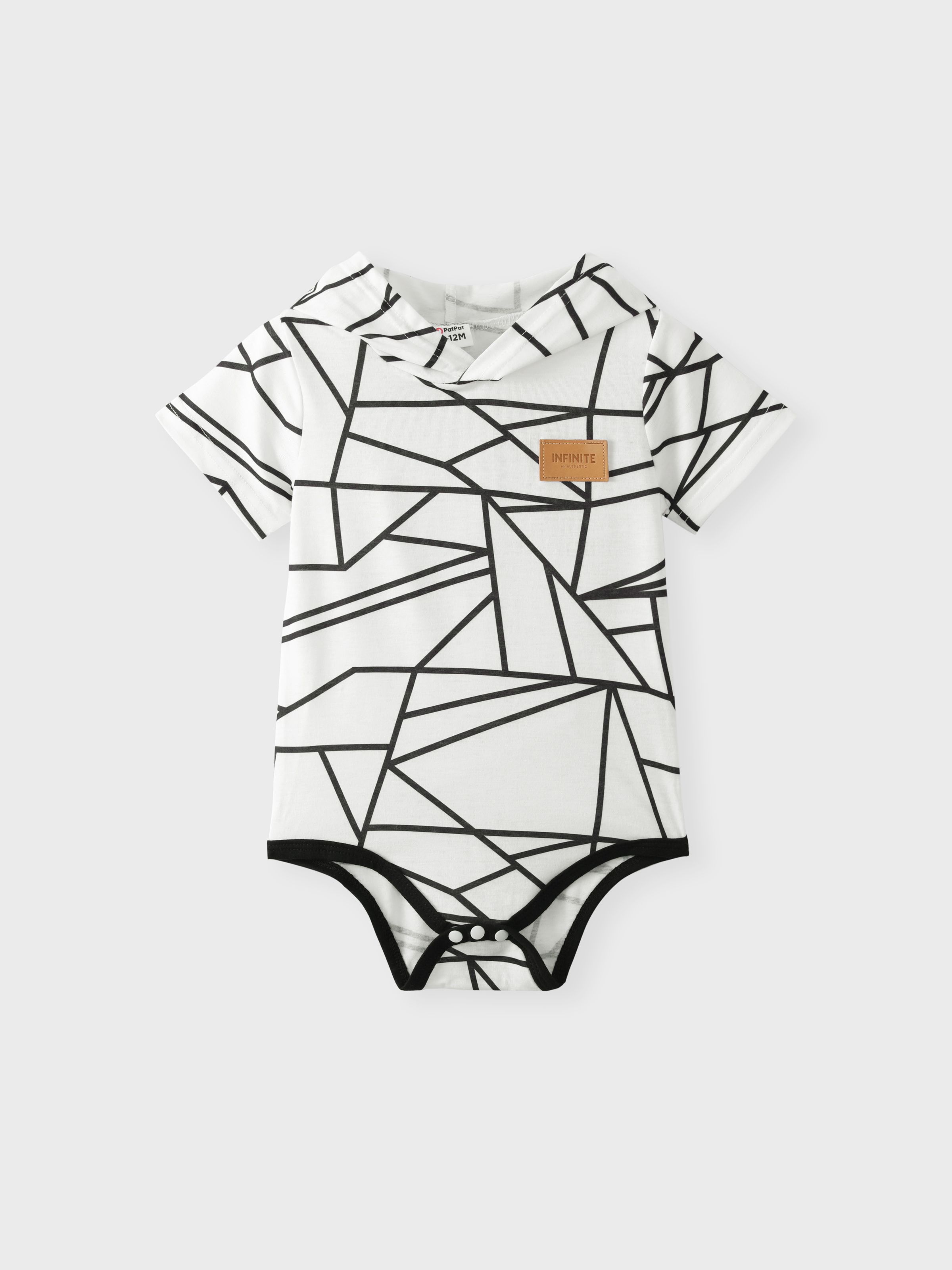 

Baby Boy/Girl Badge Detail Allover Geo Print Hooded Short-sleeve Romper