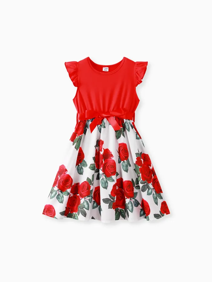 Kid Girl Floral Print Splice Belted Flutter-sleeve Dress