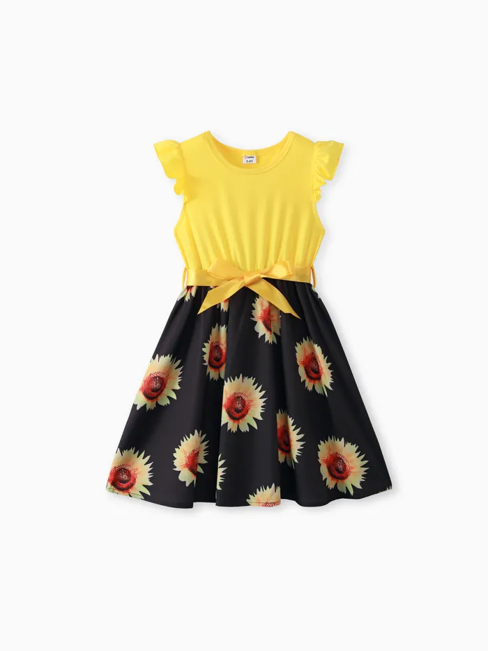 Kid Girl Floral Print Splice Belted Flutter-sleeve Dress