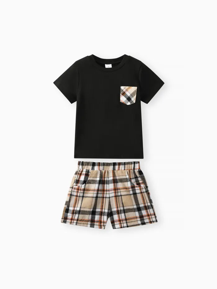 2pcs Toddler Boy Classic Pocket Design Tee and Plaid Shorts Set