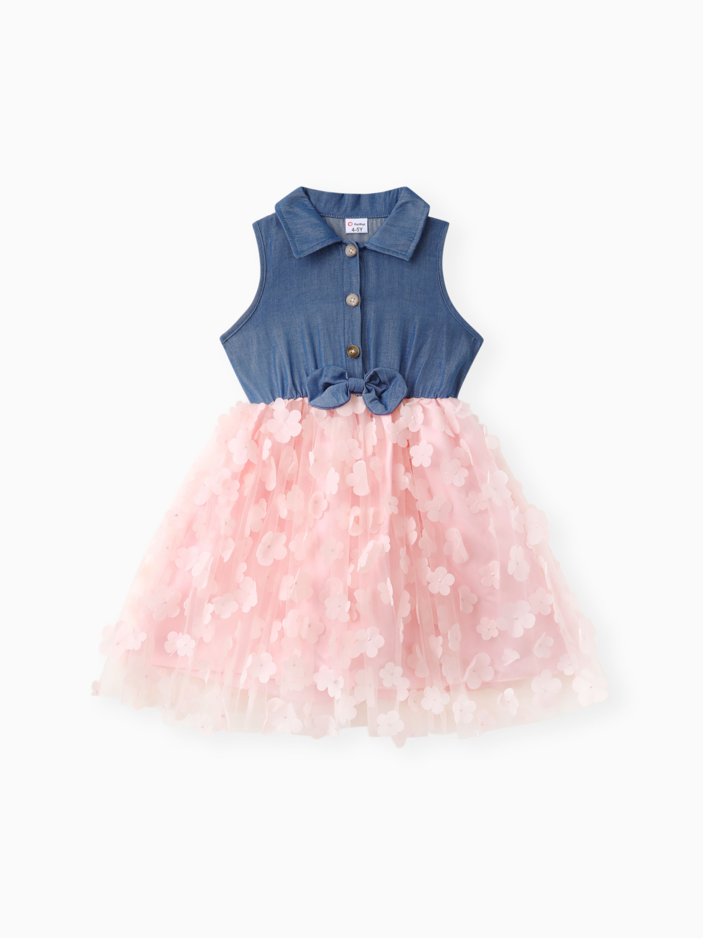

Kid Girl 3D Floral Design Denim Mesh Splice Sleeveless Dress